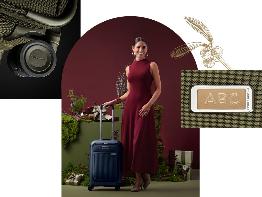 Woman in a burgundy dress with a blue suitcase, surrounded by travel-themed items.