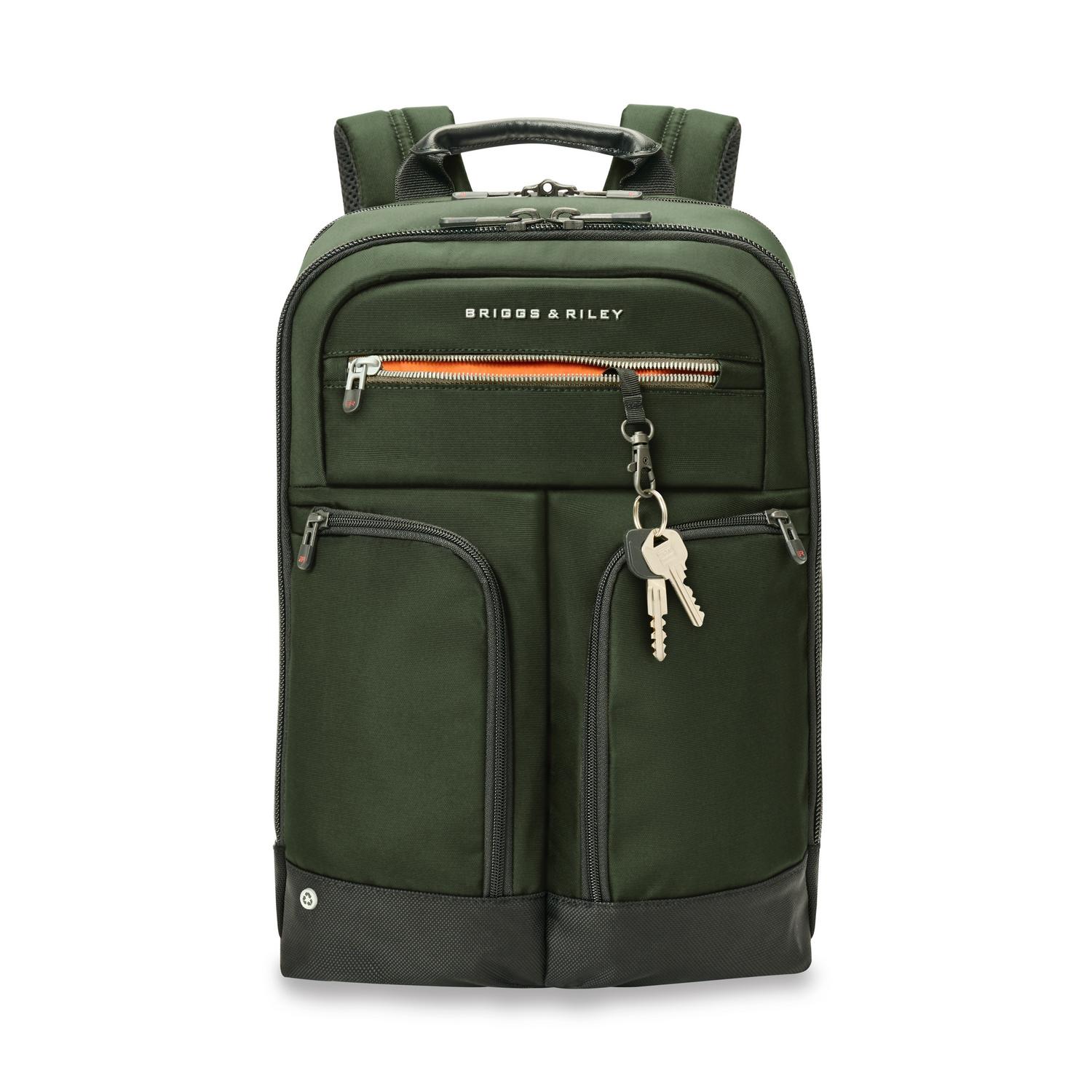 Briggs & Riley Slim Expandable Backpack Forest Front View of Key Pocket #color_forest