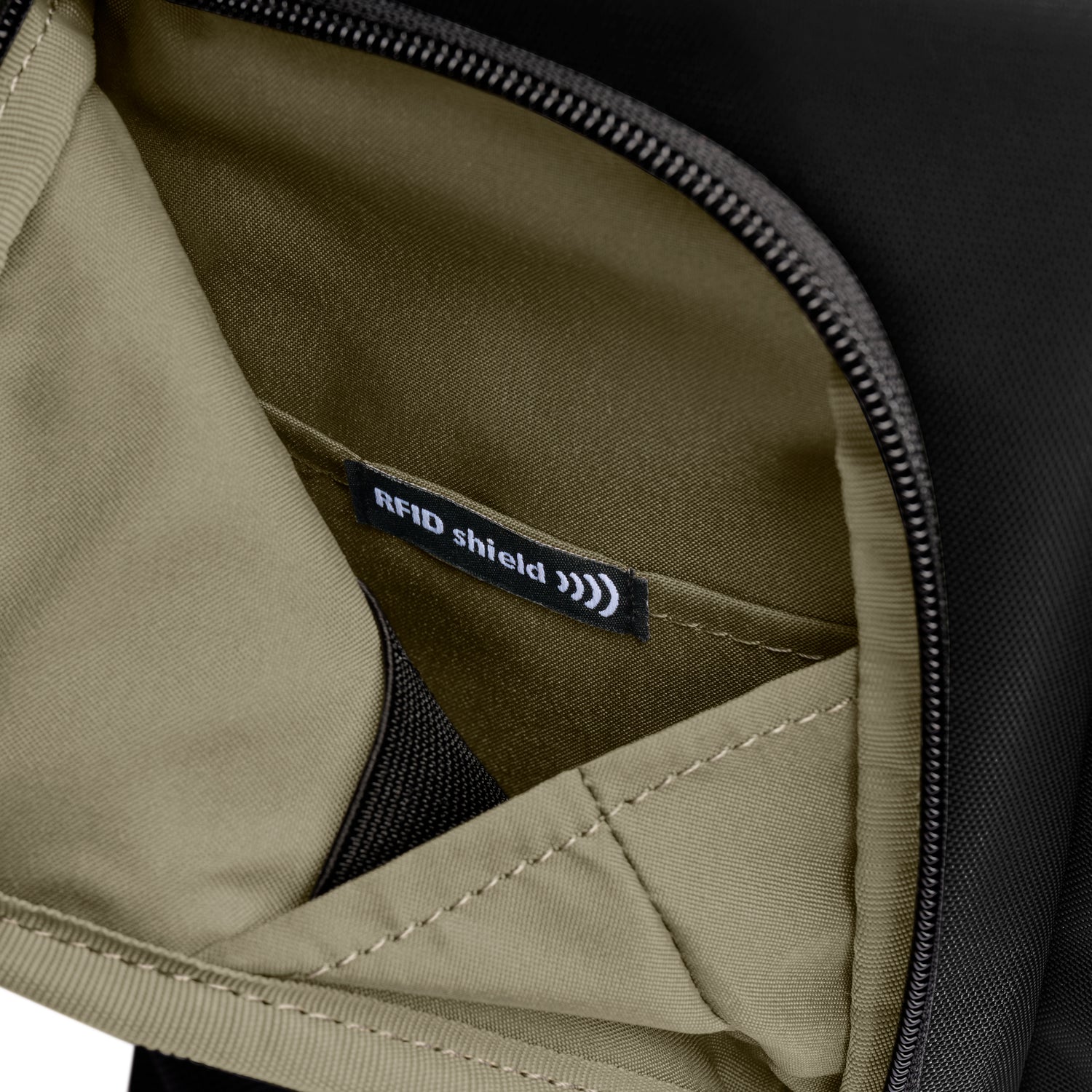 Briggs & Riley Slim Expandable Backpack Black RFID Pocket Close-up #color_black