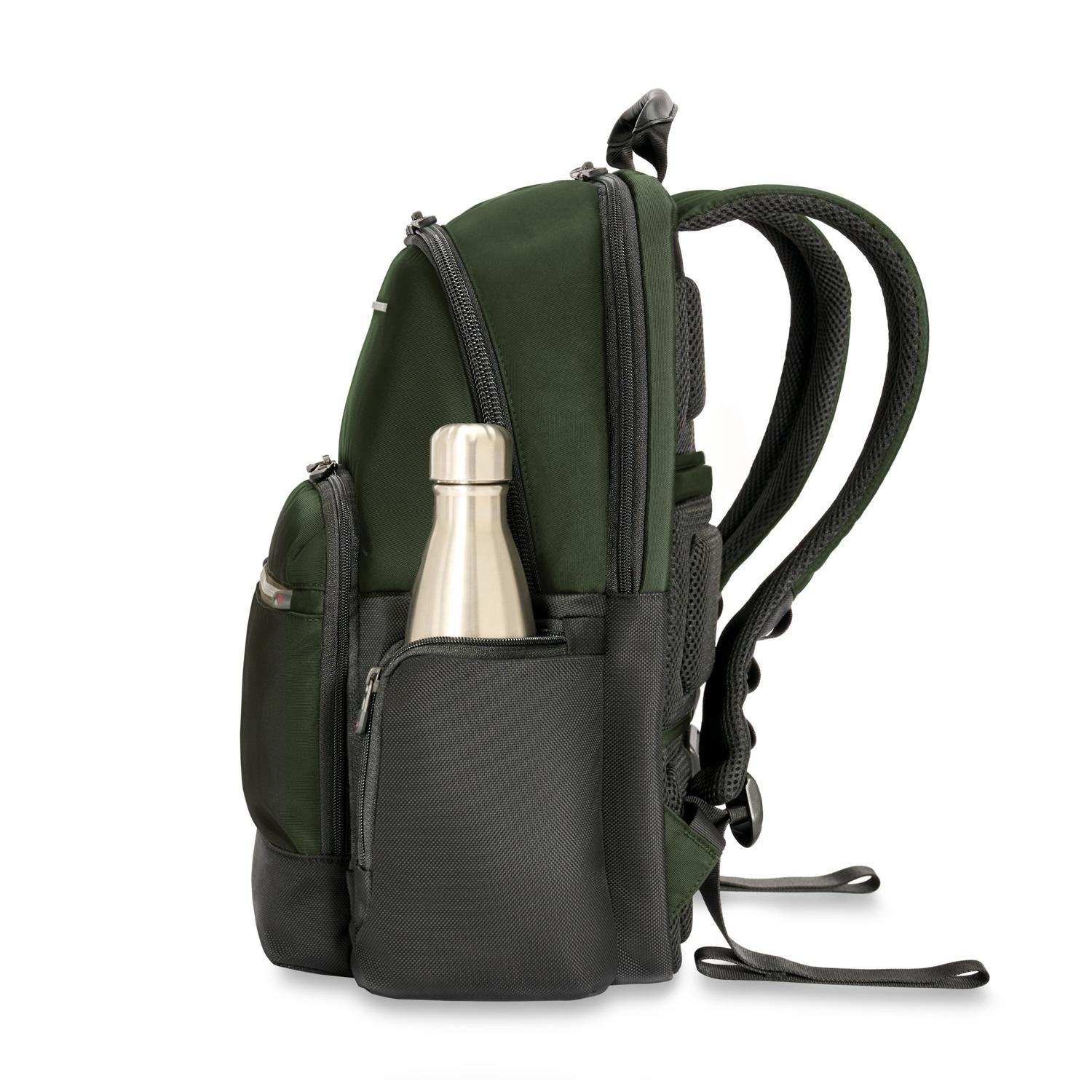 Briggs & Riley Medium Cargo Backpack Forest Side View of Water Bottle Pocket #color_forest