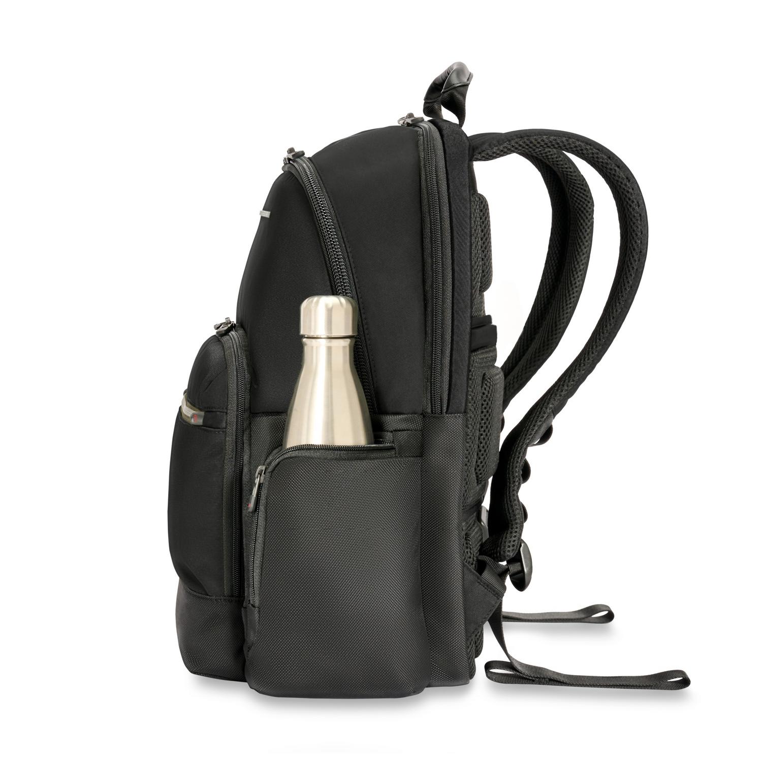 Briggs & Riley Medium Cargo Backpack Black Side View of Water Bottle Pocket #color_black