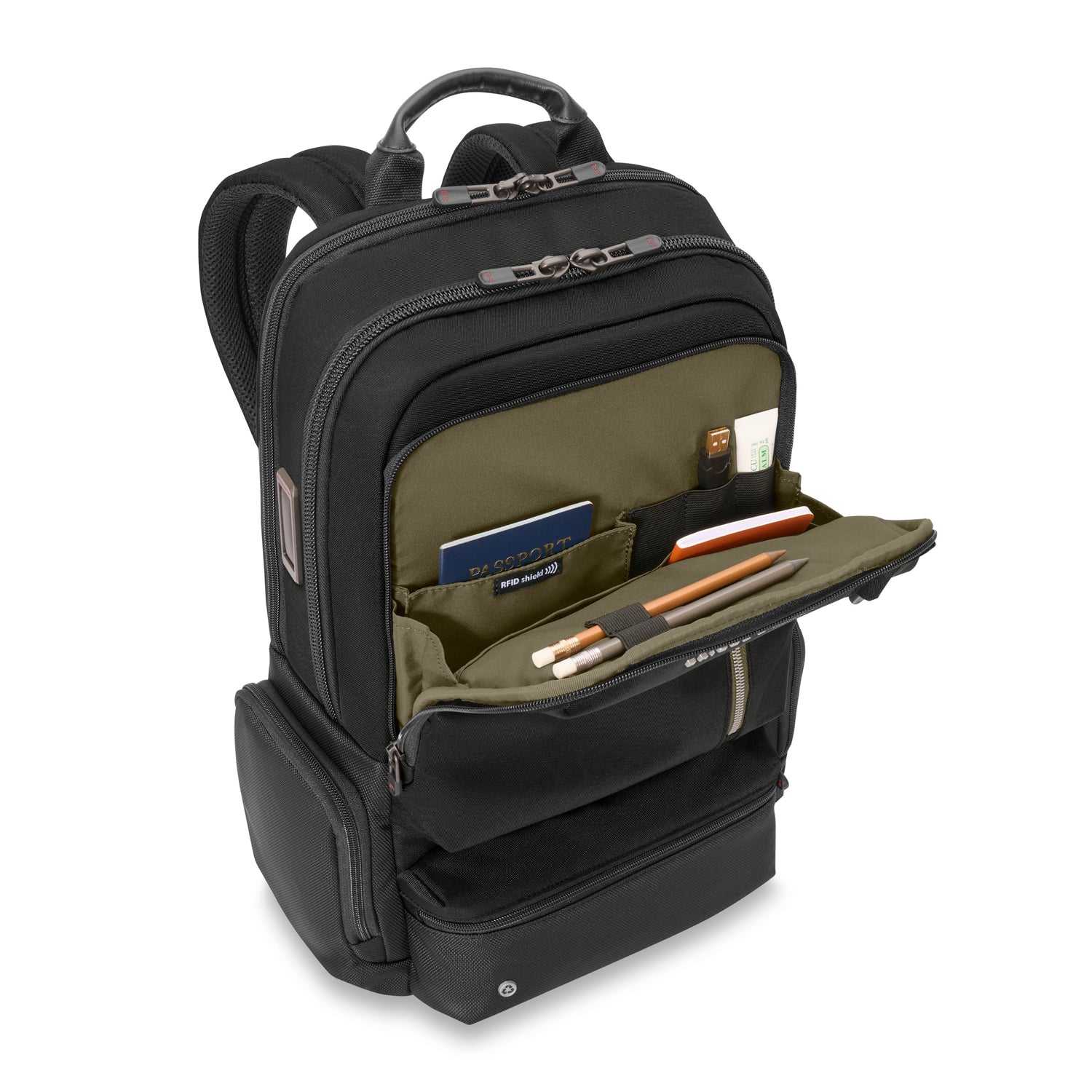 Briggs & Riley Large Cargo Backpack Black Front Pocket Open Side View #color_black