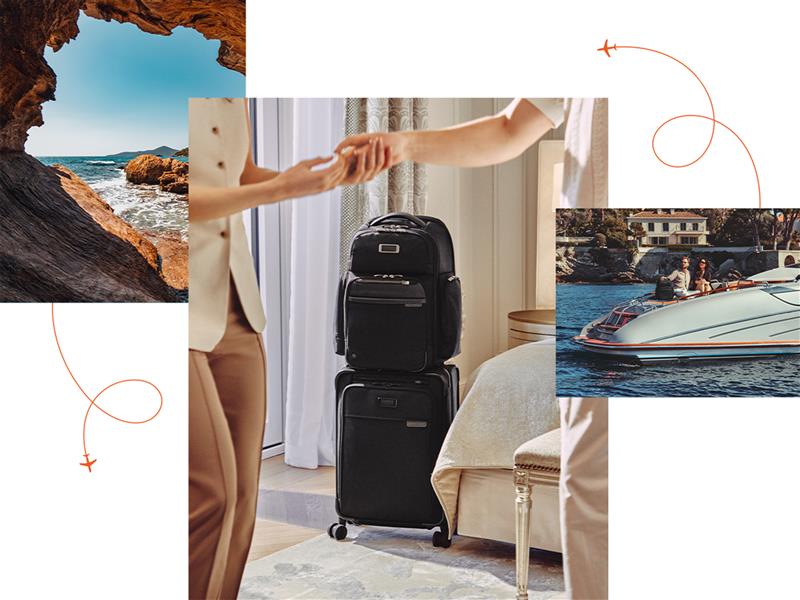 Collage of images including a scenic view, two people shaking hands, a person with suitcases, and a boat on water.
