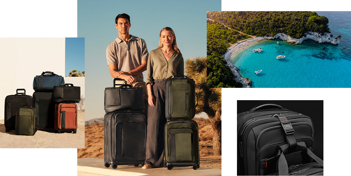 Collage of travel-themed images including people with suitcases, a scenic beach, and a close-up of a suitcase.