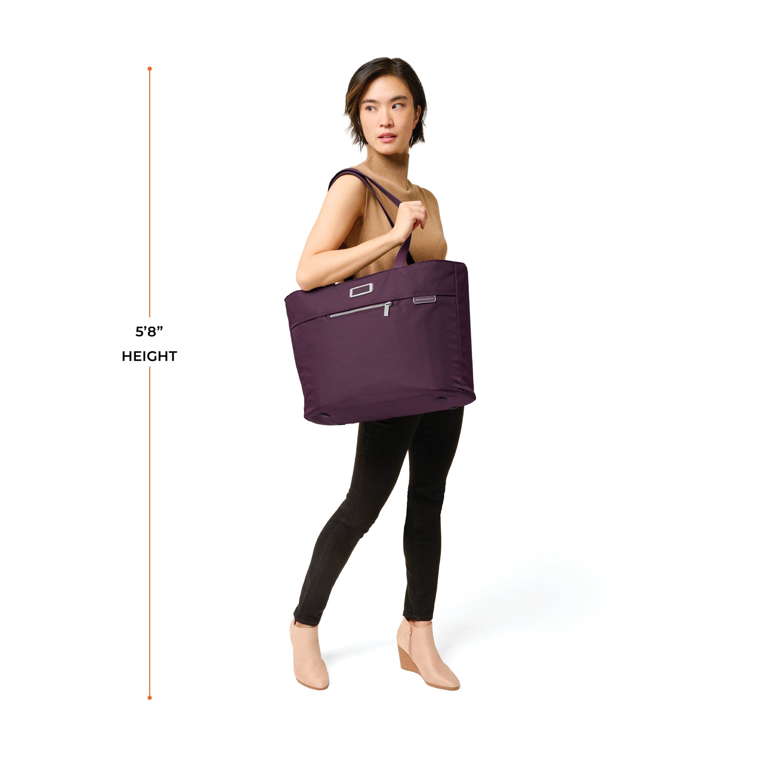 Briggs and Riley Traveler Tote Plum, Model Height 5'8" #color_plum
