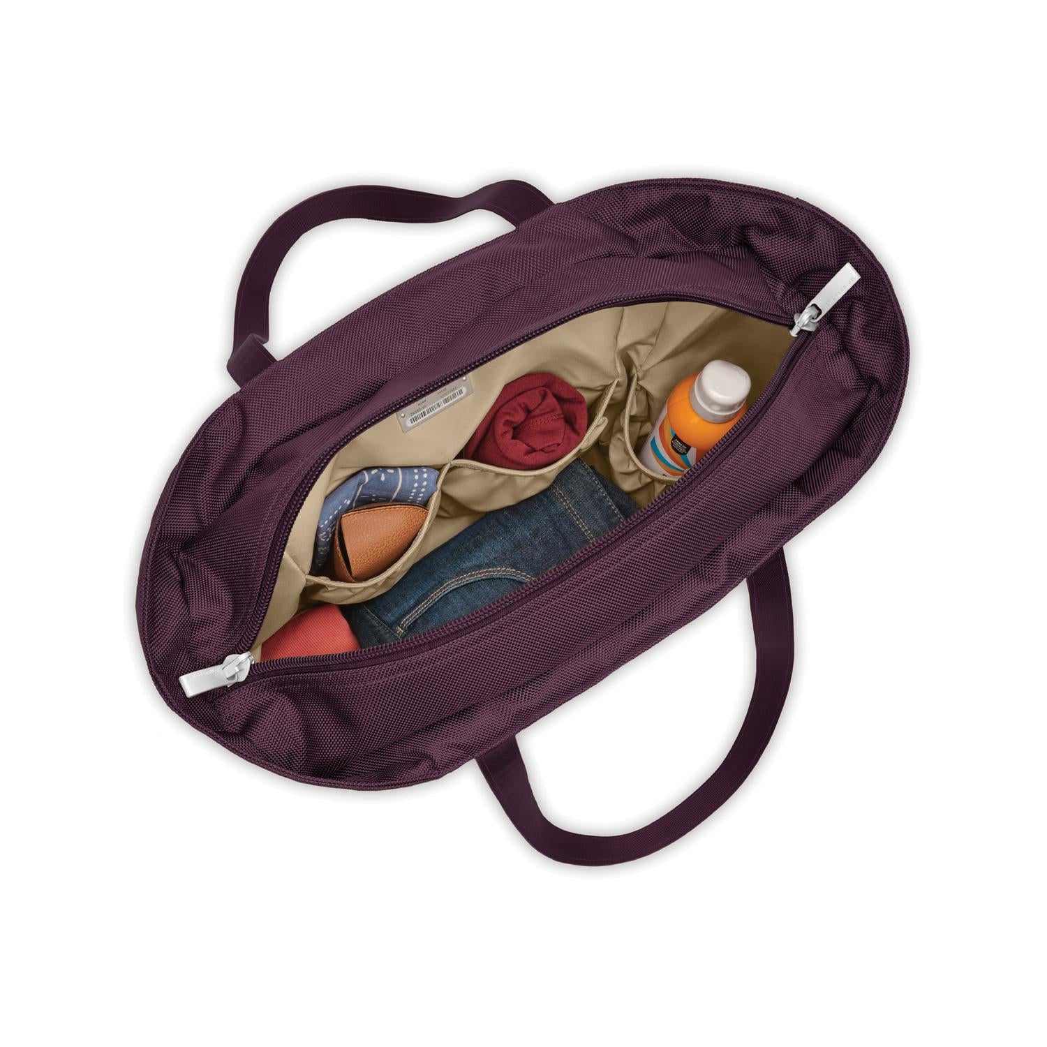 Baseline Traveler Tote Plum Open showing pockets #color_plum