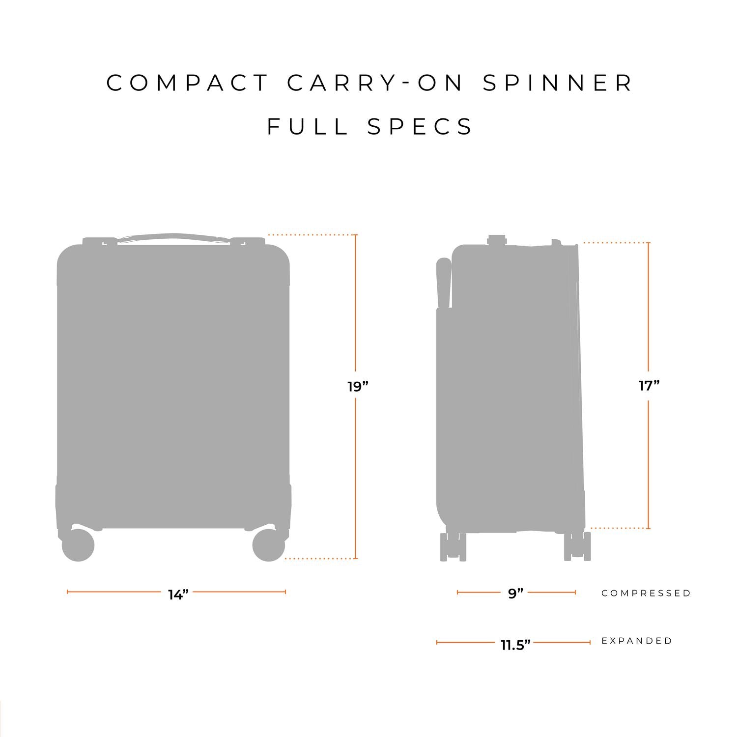 Briggs and Riley Compact Carry-On Spinner Full Specs, 14"x19"x9"(compressed) 11.5" (expanded) #color_black