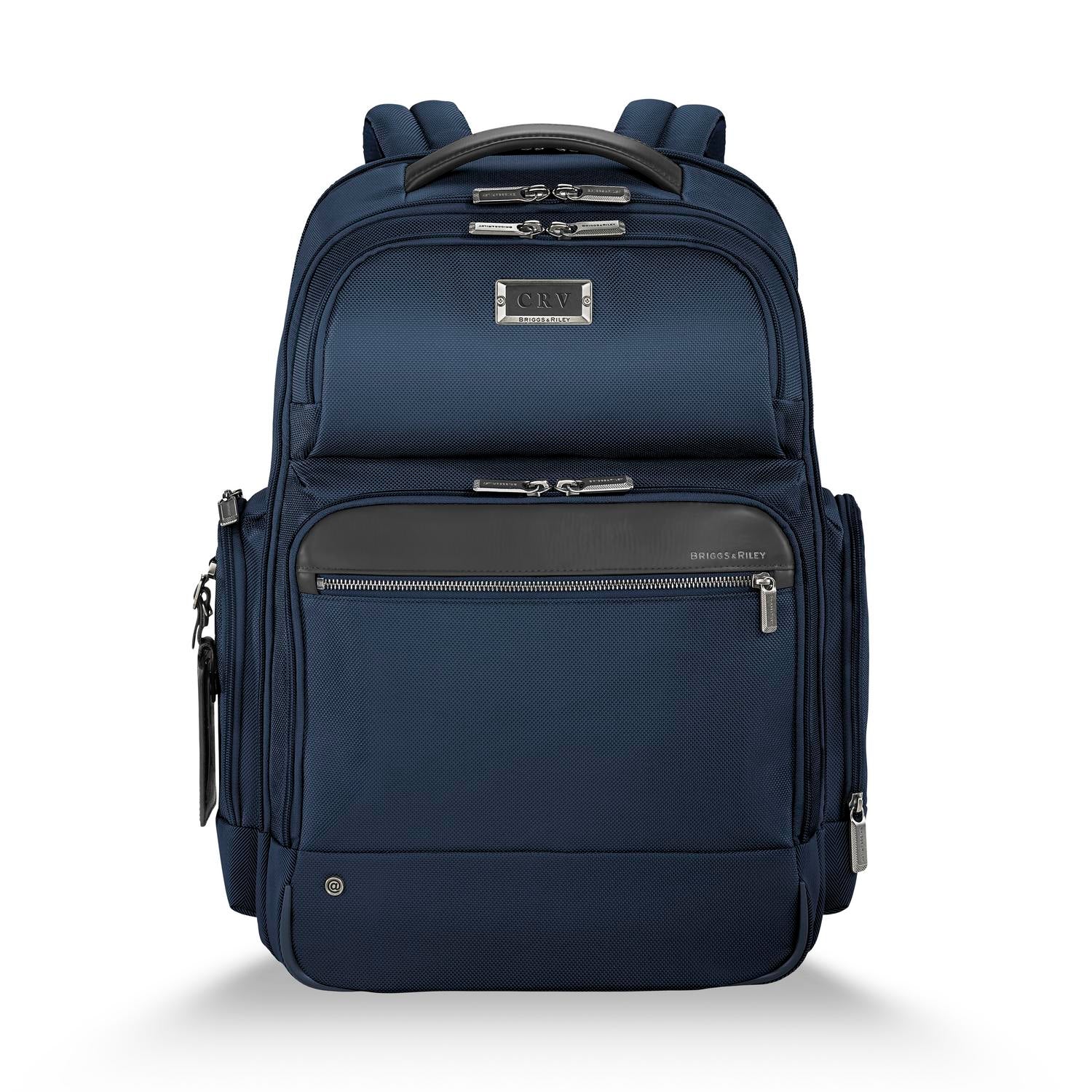 Briggs and Riley Large Cargo Backpack Navy Front View with Monogram #color_navy