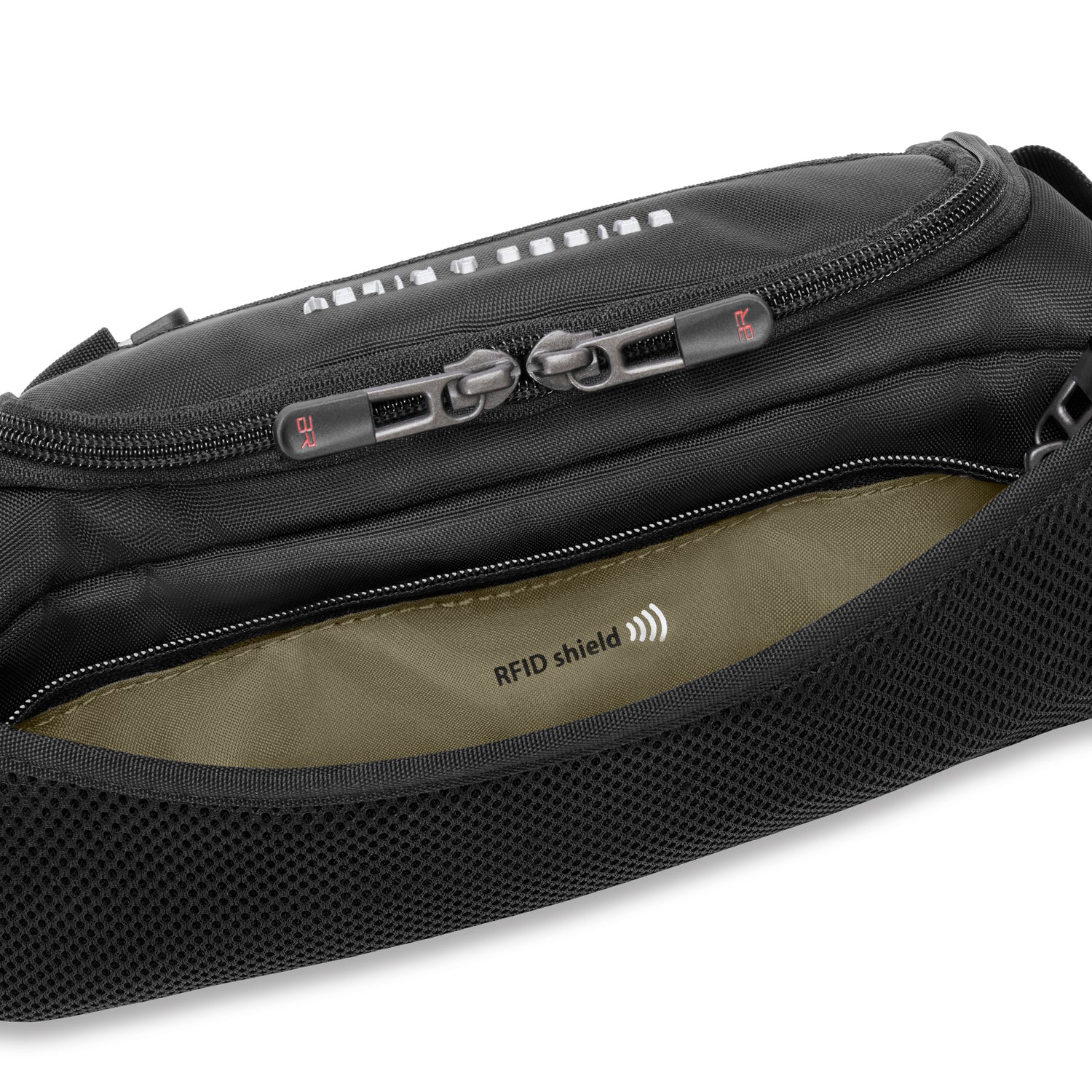 Briggs and Riley HTA Sling Bag Black RFID Pocket Close-up #color_black