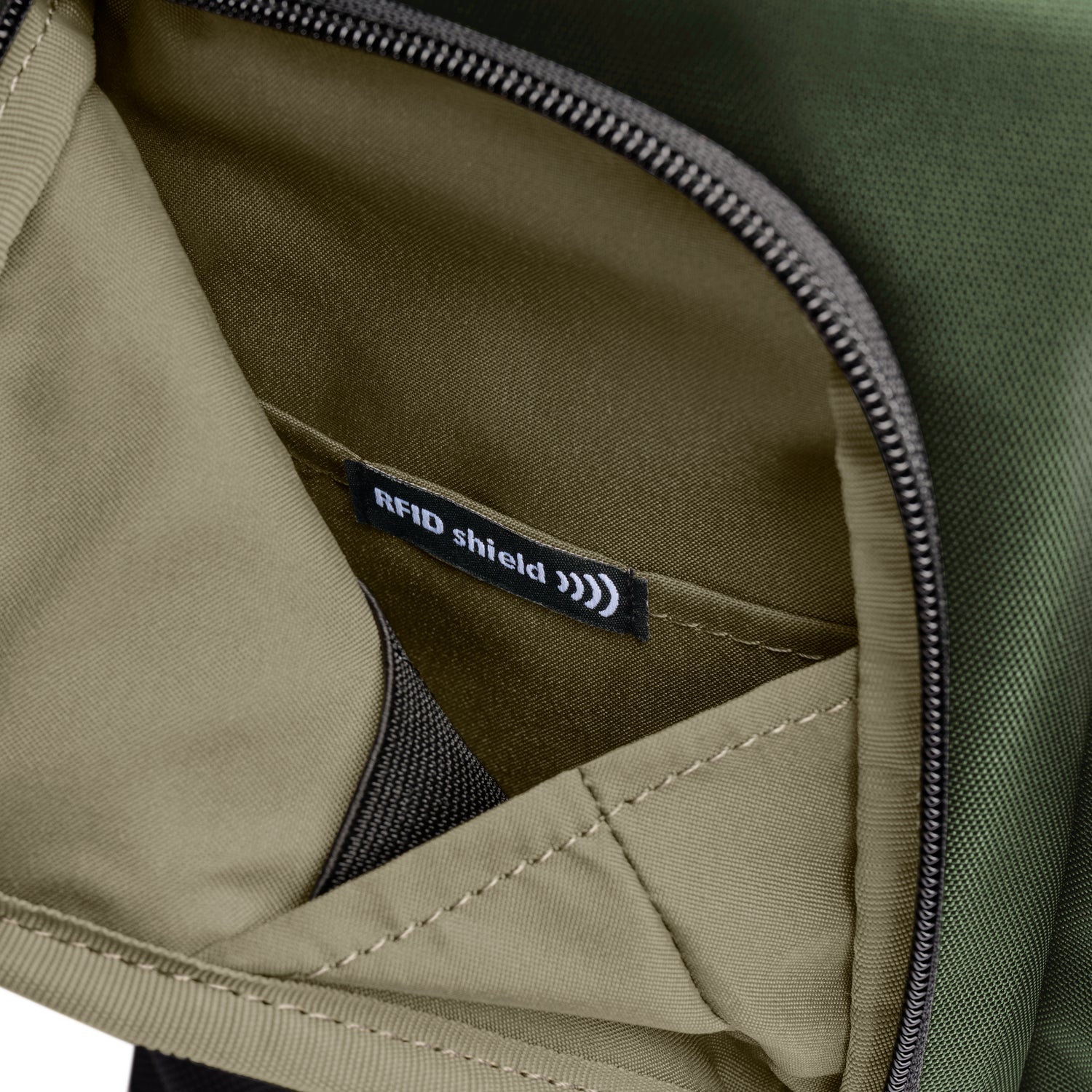 Briggs & Riley Slim Expandable Backpack Forest RFID Pocket Close-up #color_forest