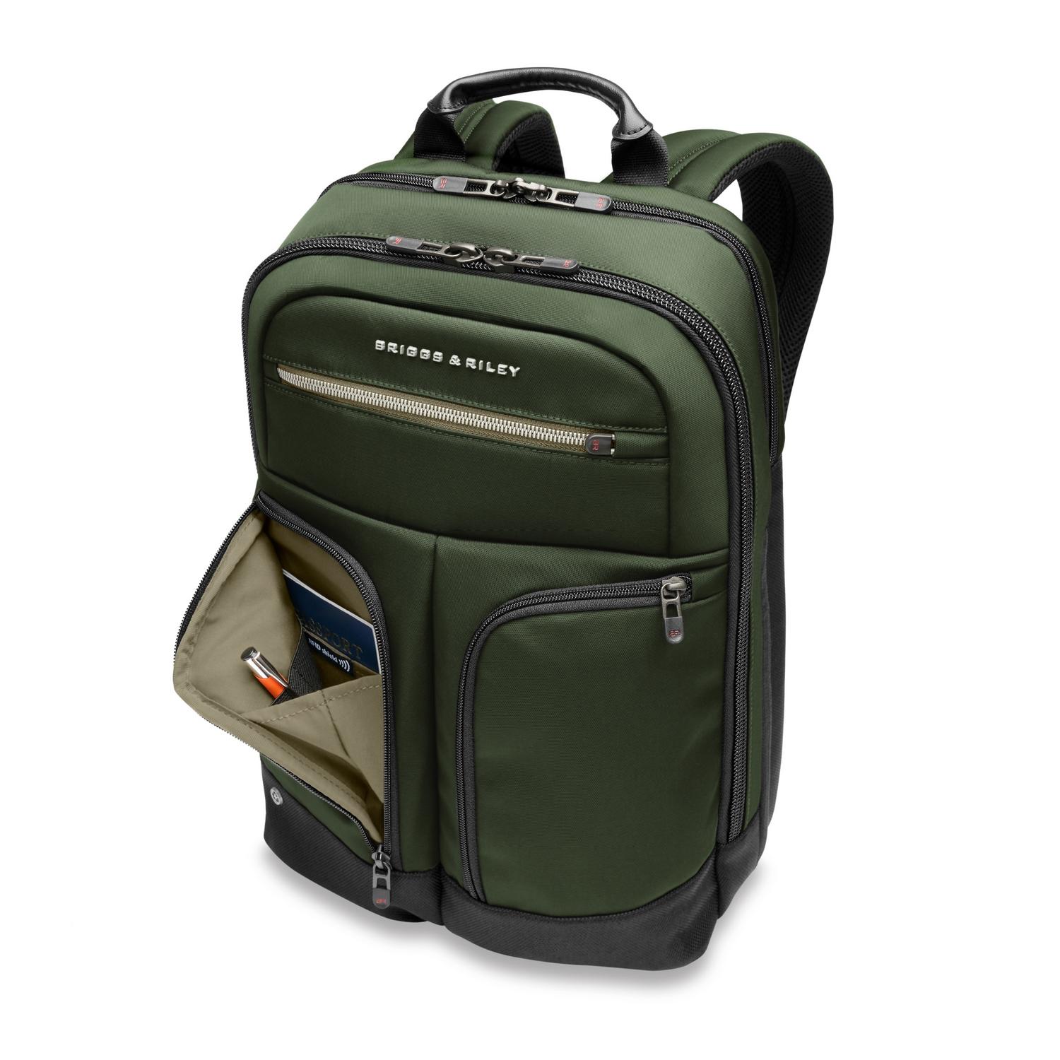 Briggs & Riley Slim Expandable Backpack Forest Front Side View with Open Pocket #color_forest