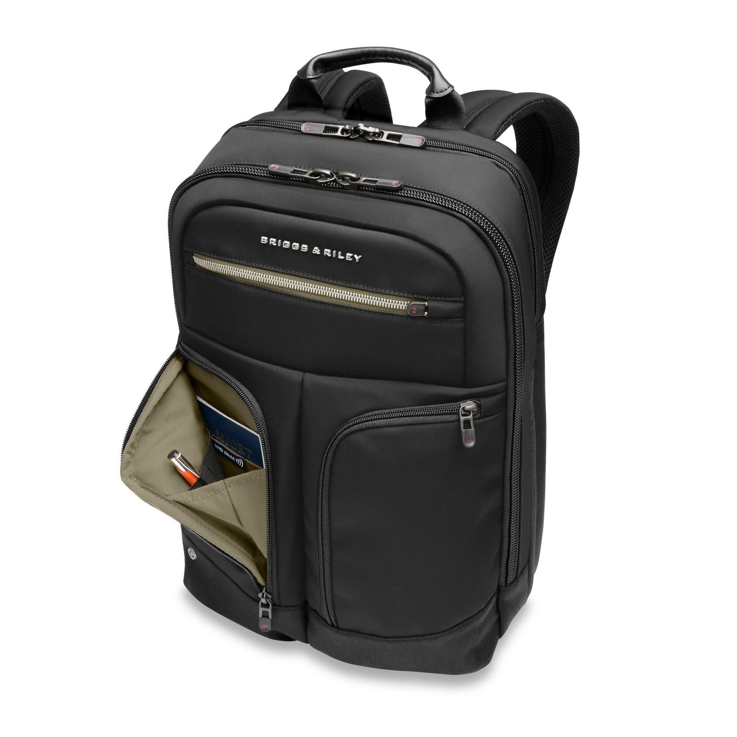 Briggs & Riley Slim Expandable Backpack Black Front Side View with Open Pocket #color_black
