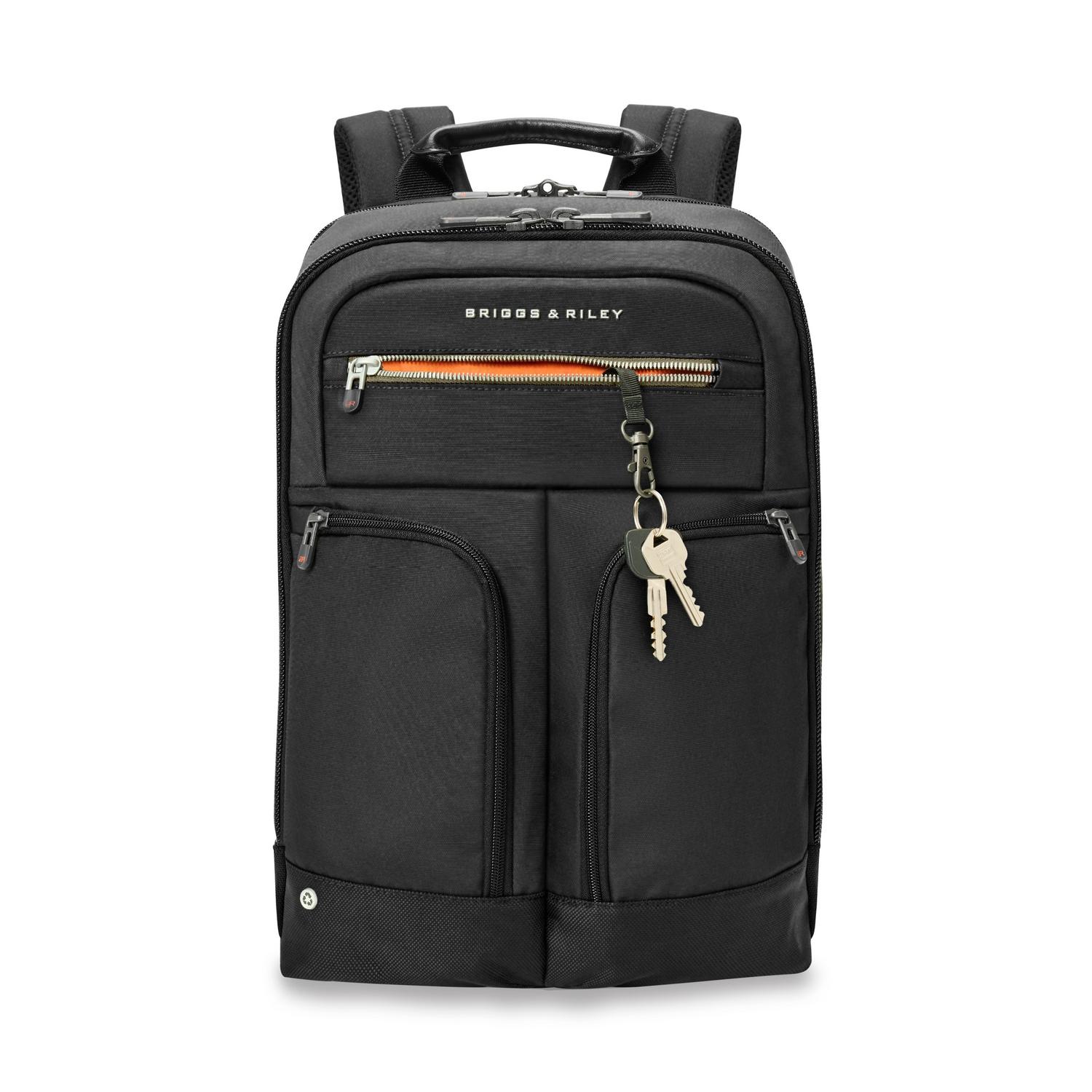 Briggs & Riley Slim Expandable Backpack Black Front View of Key Pocket #color_black