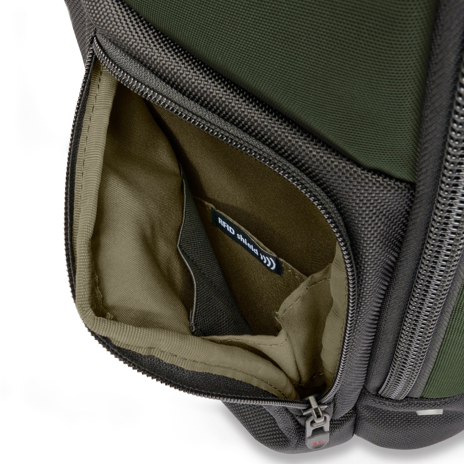 Briggs & Riley Medium Widemouth Backpack Forest RFID Pocket Close-up  #color_forest
