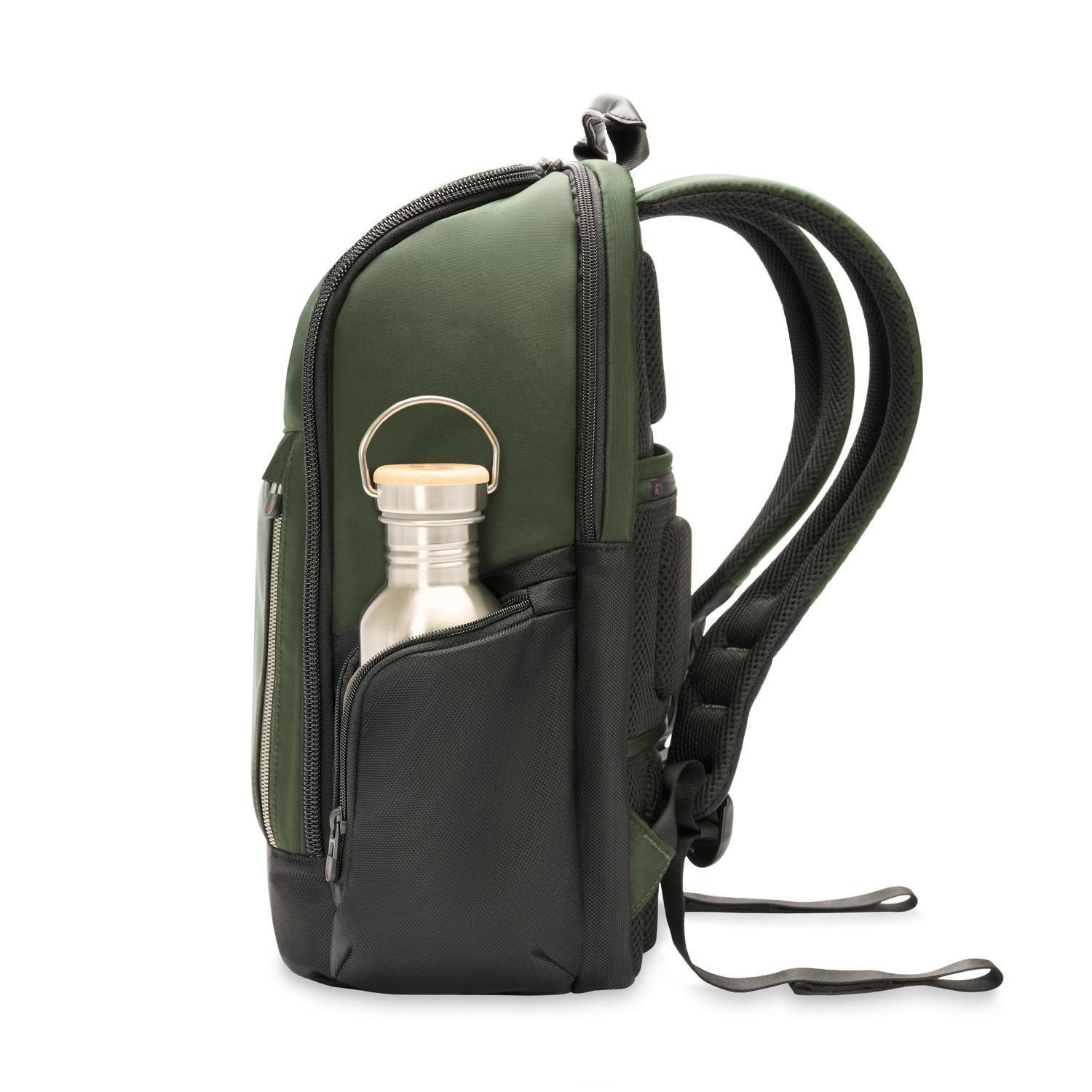 Briggs & Riley Medium Widemouth Backpack Forest Side View of Water Bottle Pocket #color_forest