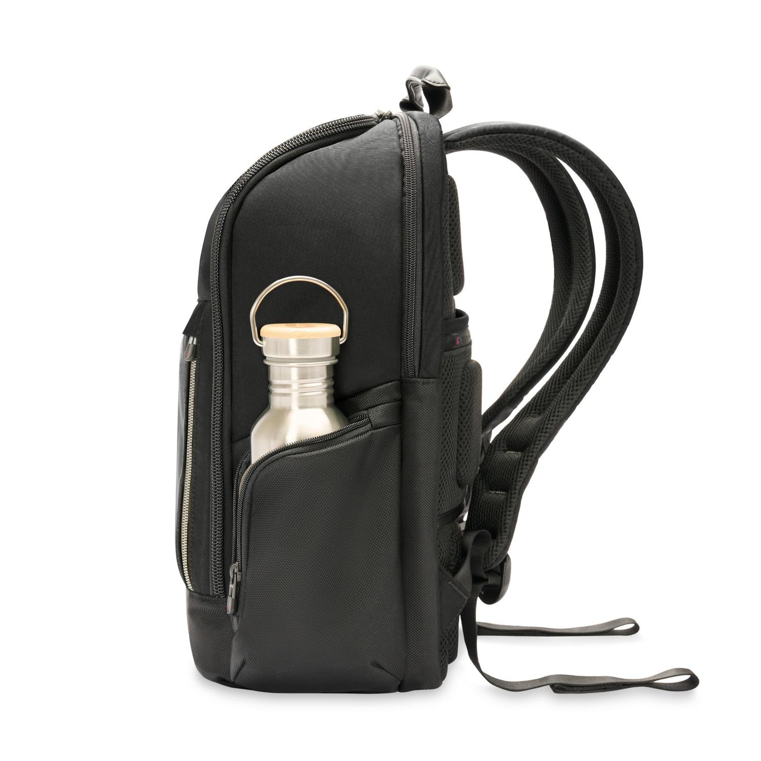 Briggs & Riley Medium Widemouth Backpack Black Side View of Water Bottle Pocket #color_black