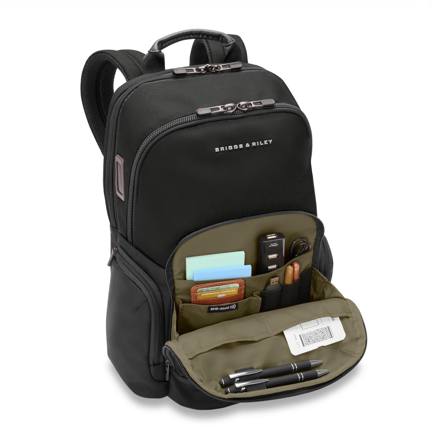 Briggs & Riley Medium Cargo Backpack Black Front Pocket Open Side View #color_black