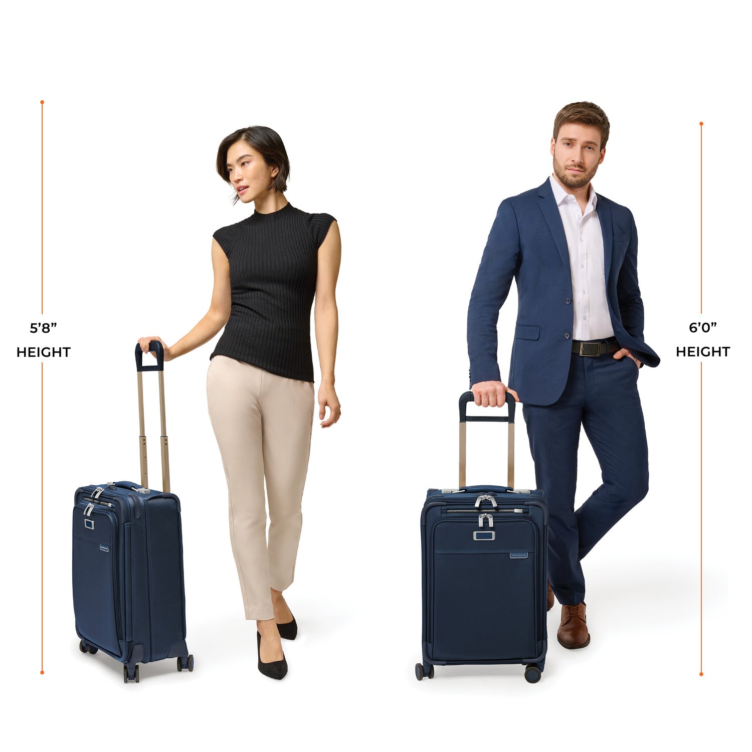 Briggs and Riley Essential Carry-On Spinner, Model Heights 6'0" and 5'8" #color_navy