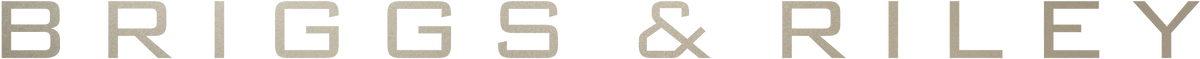 Briggs & Riley logo in a beige serif font on a black background.