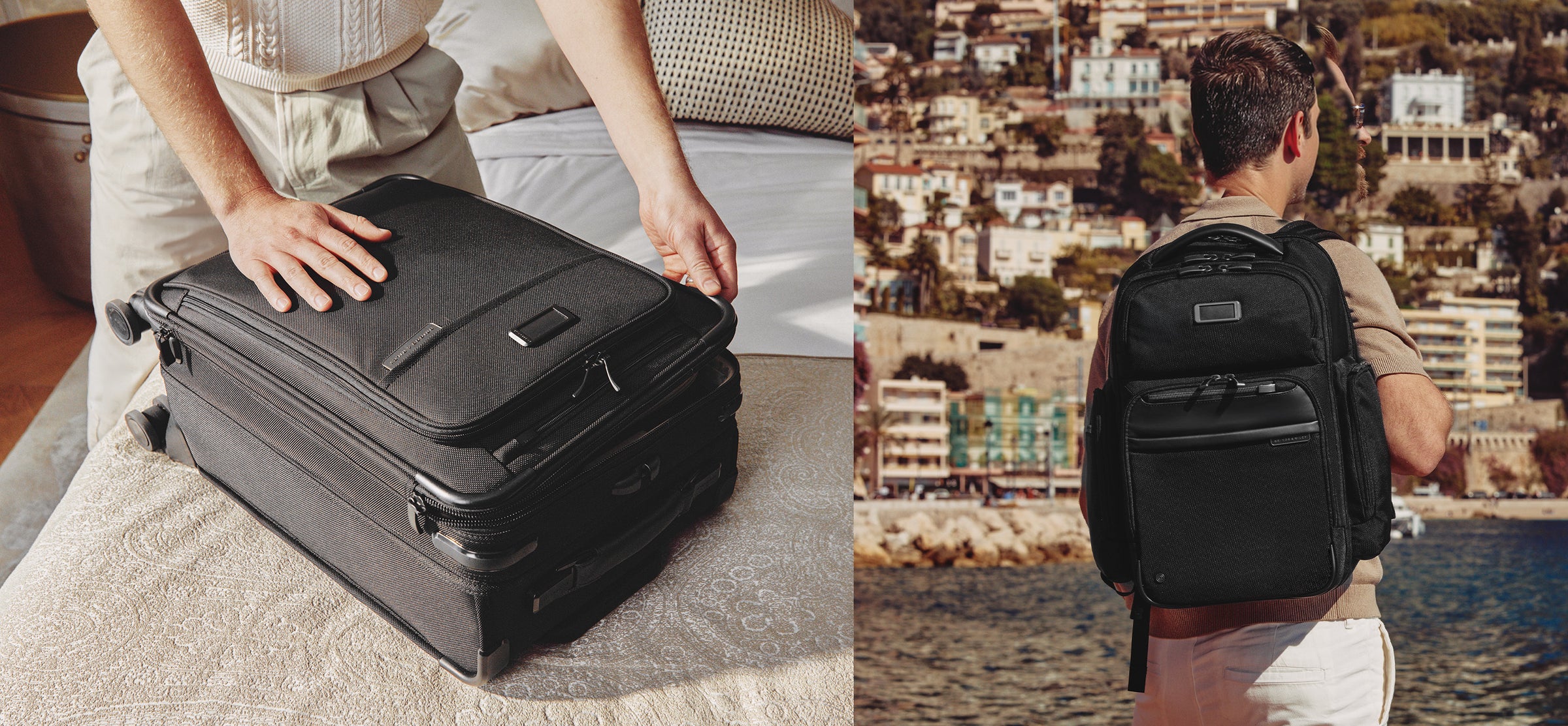 Person packing a suitcase on the left and a person with a backpack overlooking a cityscape on the right.