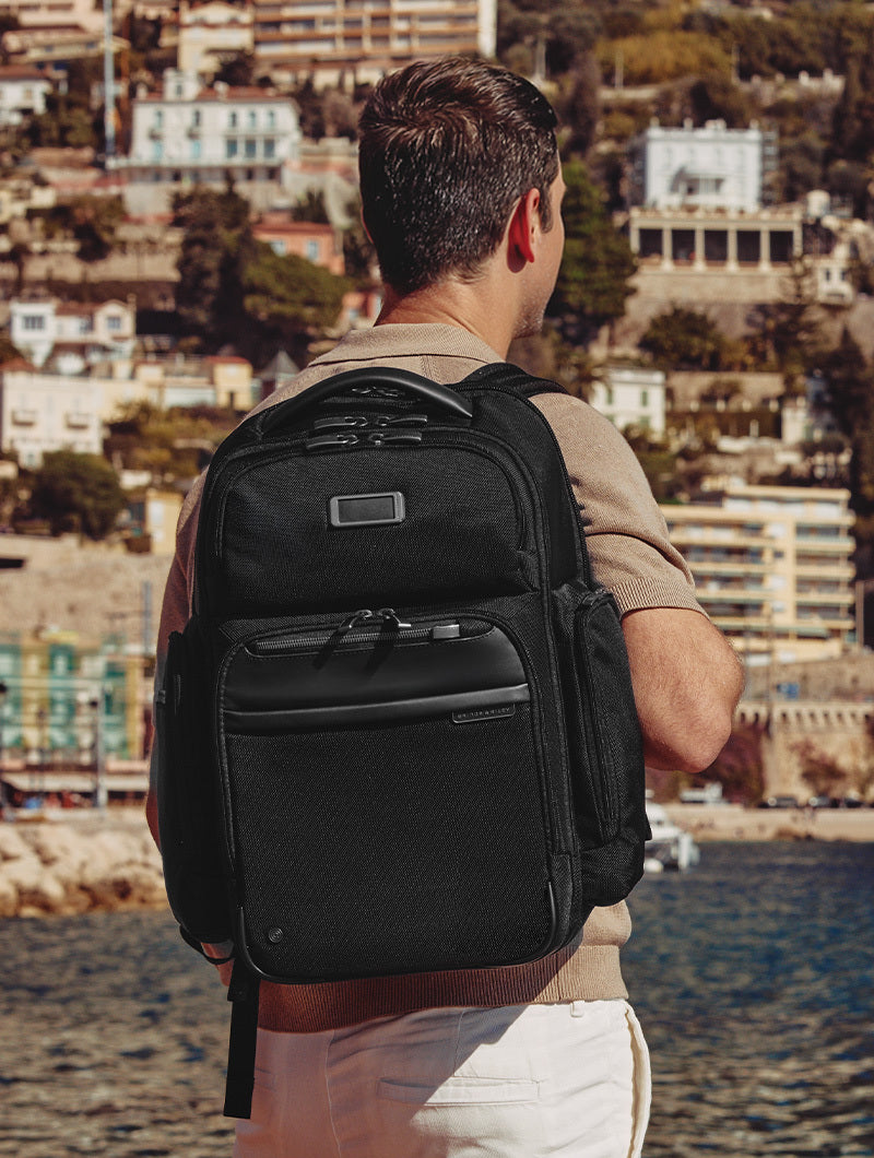 Person wearing a black backpack with a scenic cityscape in the background