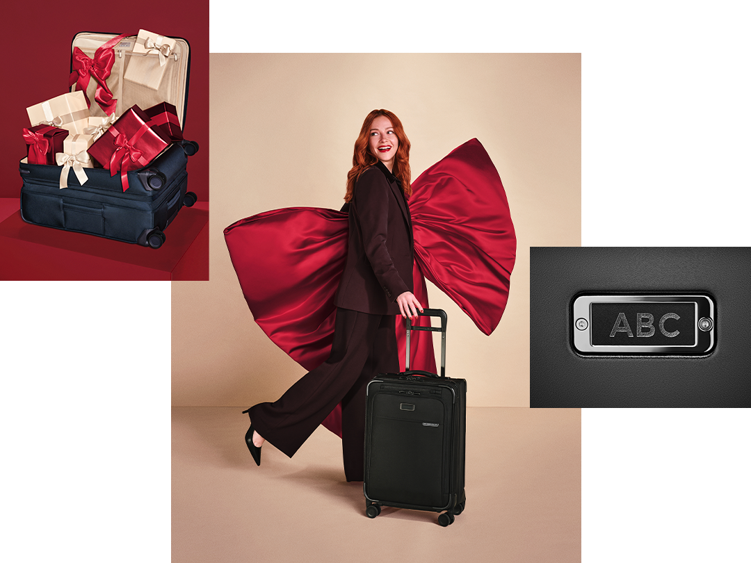 A fashion editorial-style product image featuring a woman in a dark brown suit holding a black rolling suitcase with a large red bow attached behind her. A smaller inset at top left shows an open navy suitcase filled with wrapped gifts, and a smaller inset at right shows a close-up of a luggage lock engraved with the letters ABC.