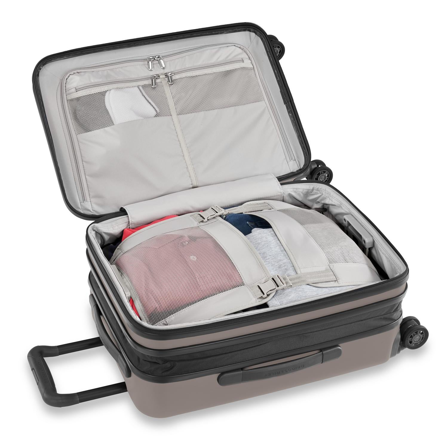 Briggs and Riley Sympatico Domestic Carry-On Expandable Spinner Latte Packed with compression panels #color_latte