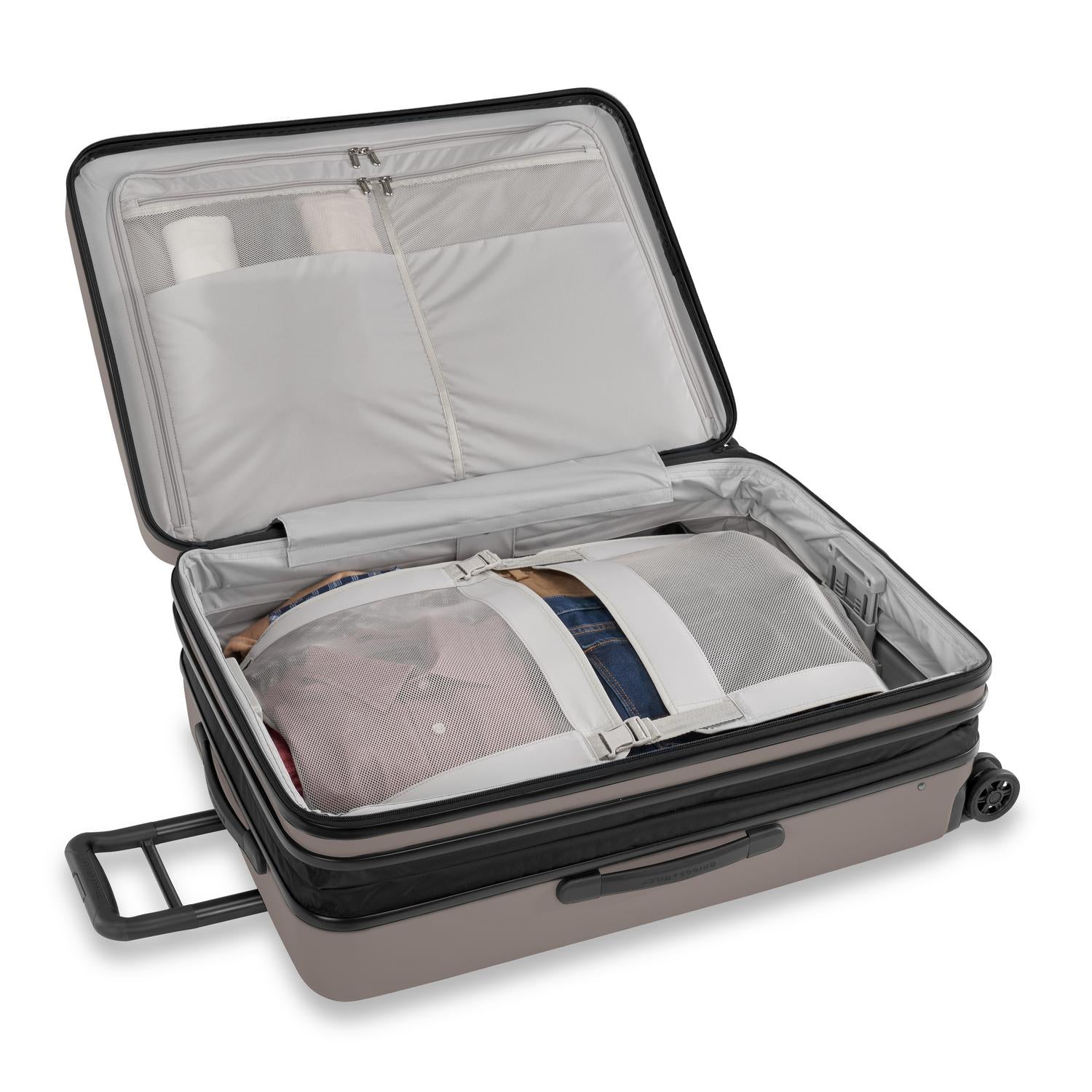 Briggs and Riley Sympatico Large Expandable Spinner Latte Open packed showing compression panels #color_latte