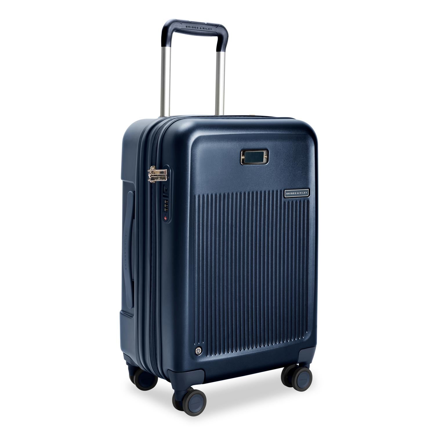 Essential Carry-On Expandable Spinner in Navy, Angle View #color_navy