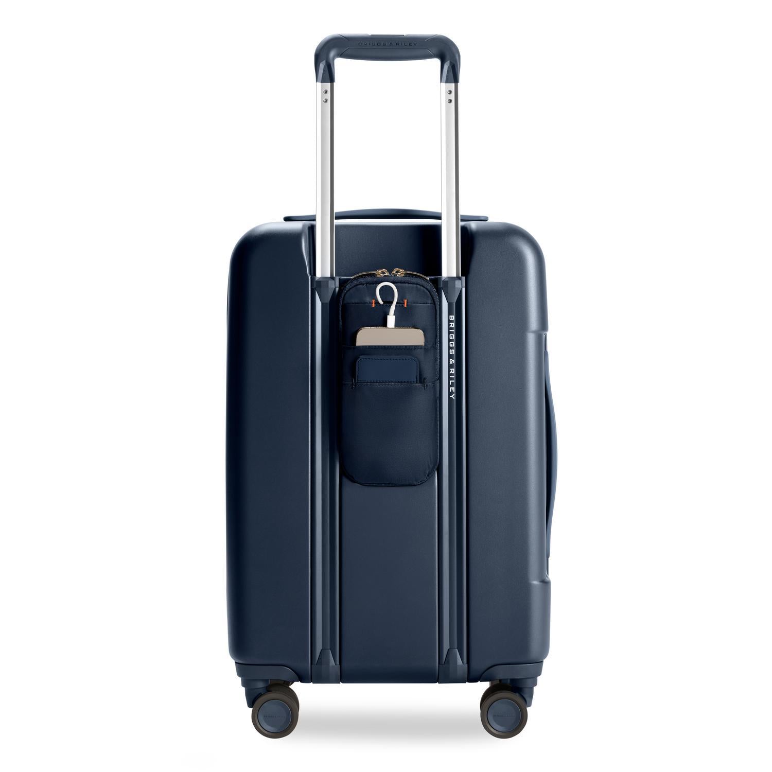 Essential Front Pocket Carry-On Expandable Spinner in Navy, Front View #color_navy