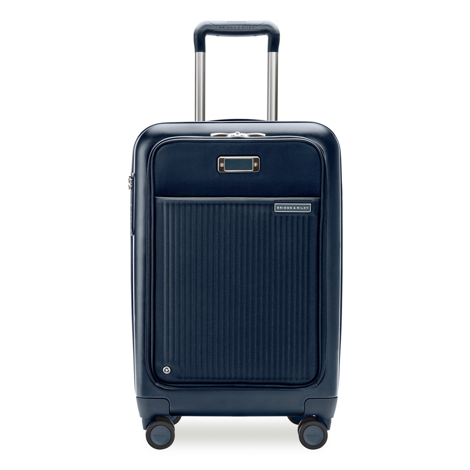 Essential Front Pocket Carry-On Expandable Spinner in Navy, Front View #color_navy