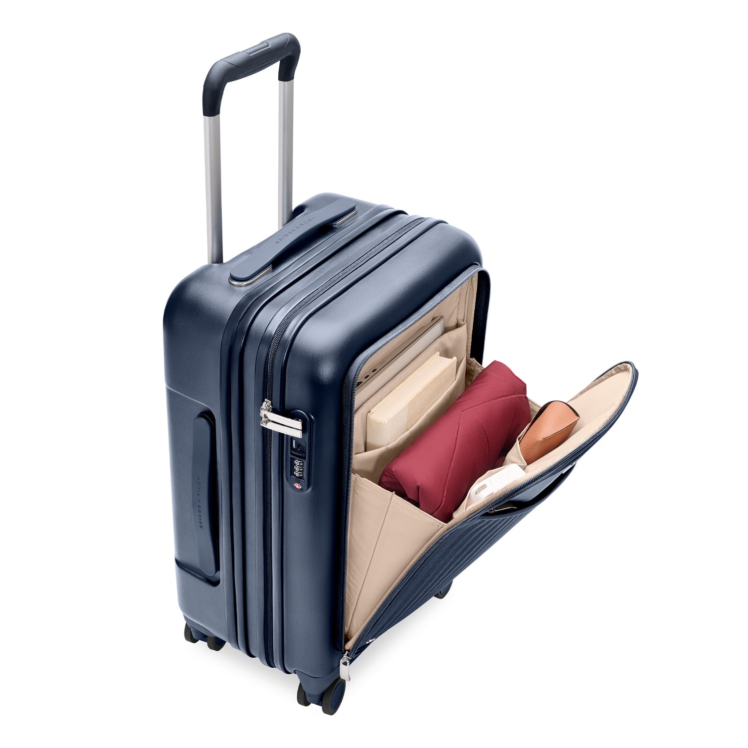 Essential Front Pocket Carry-On Expandable Spinner in Navy, Front View #color_navy