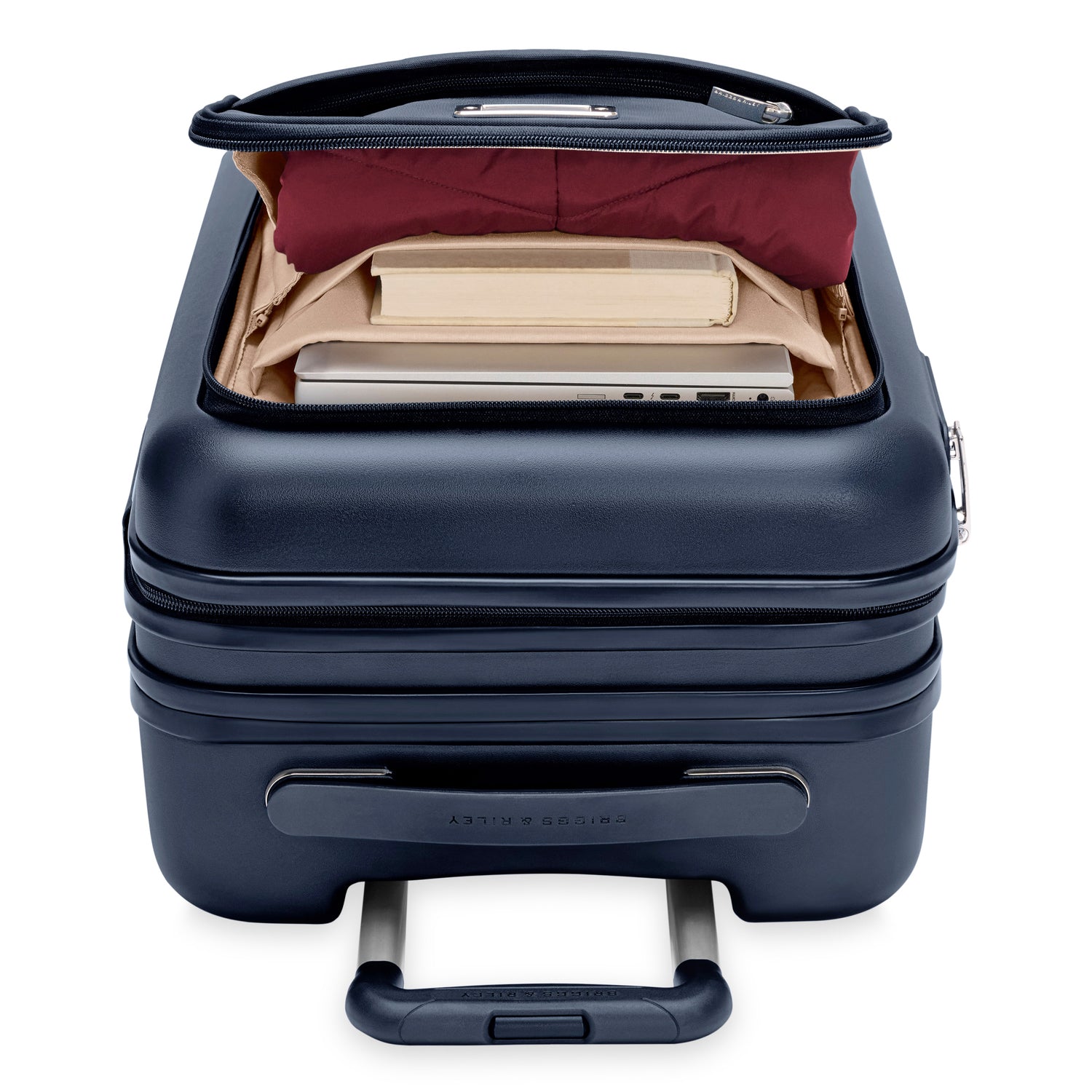 Essential Front Pocket Carry-On Expandable Spinner in Navy, Front View #color_navy