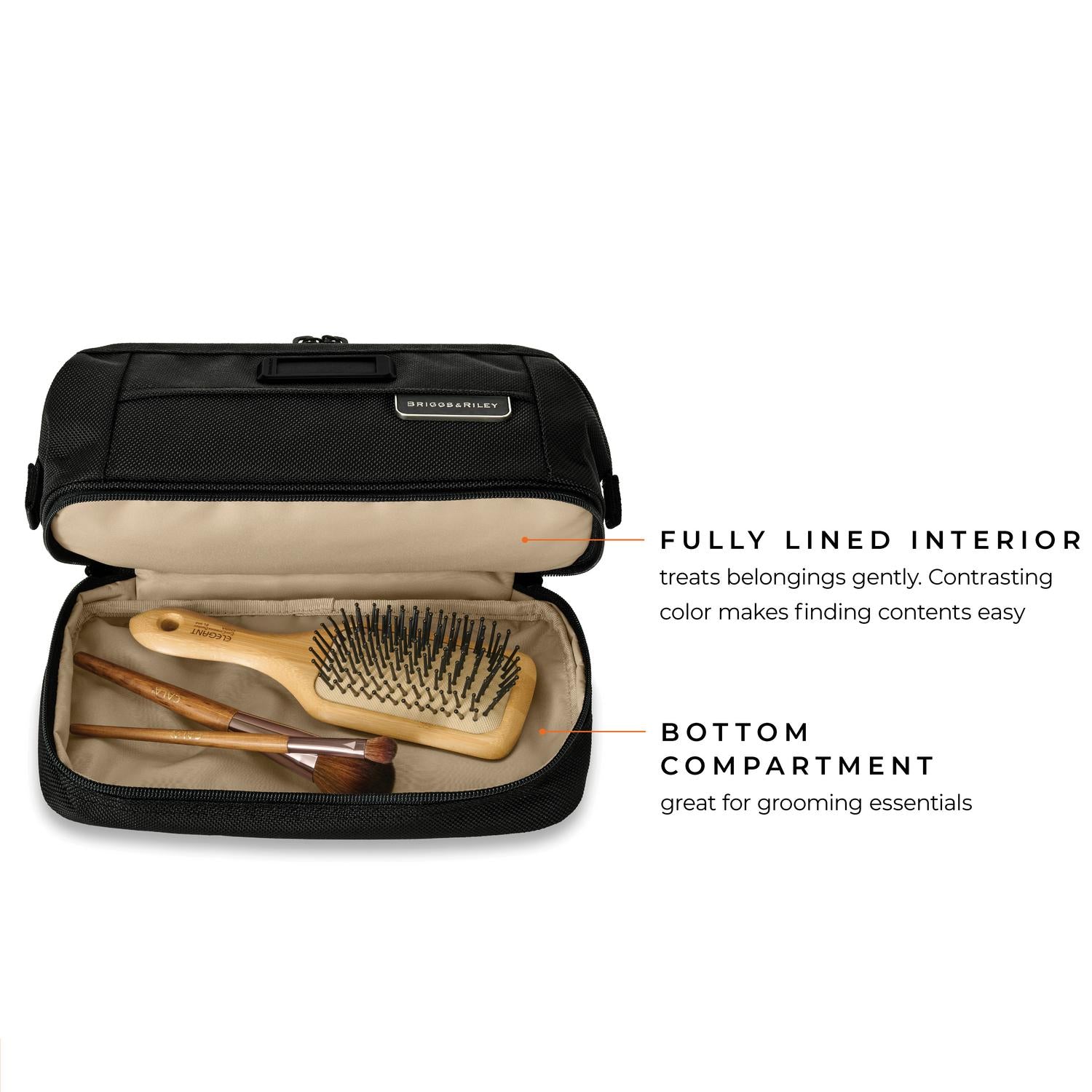 Briggs and Riley Duo Essentials, Kit, FULLY LINED INTERIOR treats belongings gently. Contrasting  color makes finding contents easy, B O T T O M  COMPARTMENT great for grooming essentials #color_black