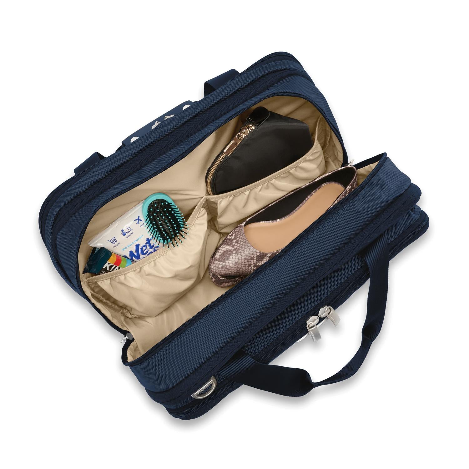 Briggs and Riley Expandable Cabin Bag Navy Open showing packed pockets #color_navy
