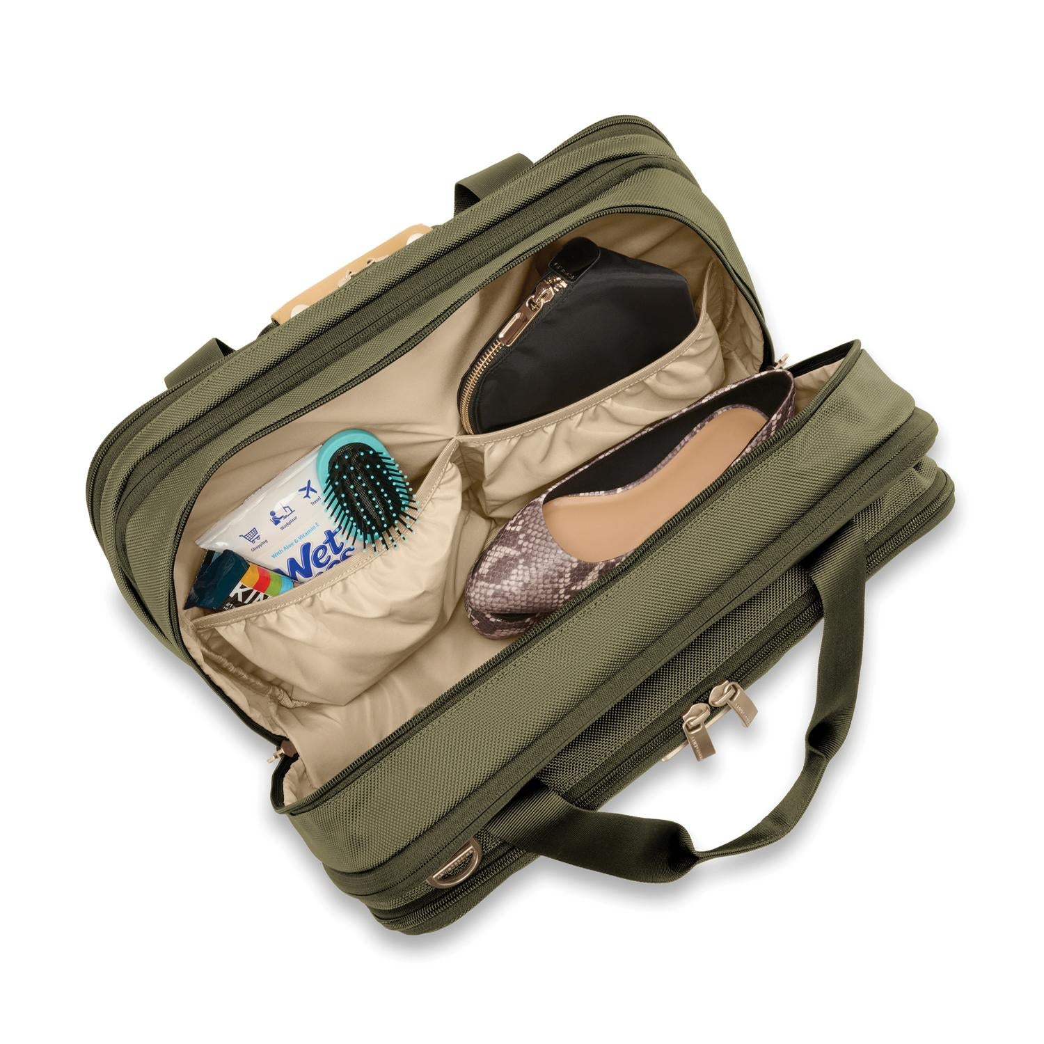 Briggs and Riley Expandable Cabin Bag Olive Open showing packed pockets #color_olive