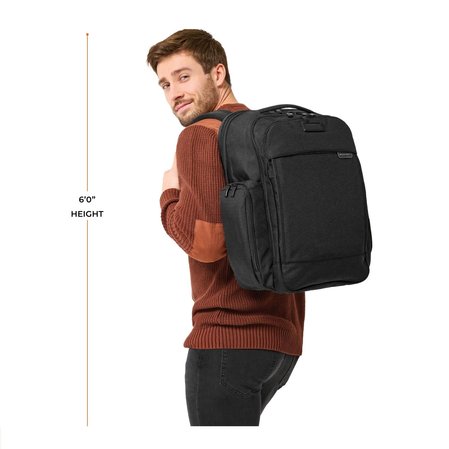 Briggs and Riley Traveler Backpack, Model height 6'0" #color_black