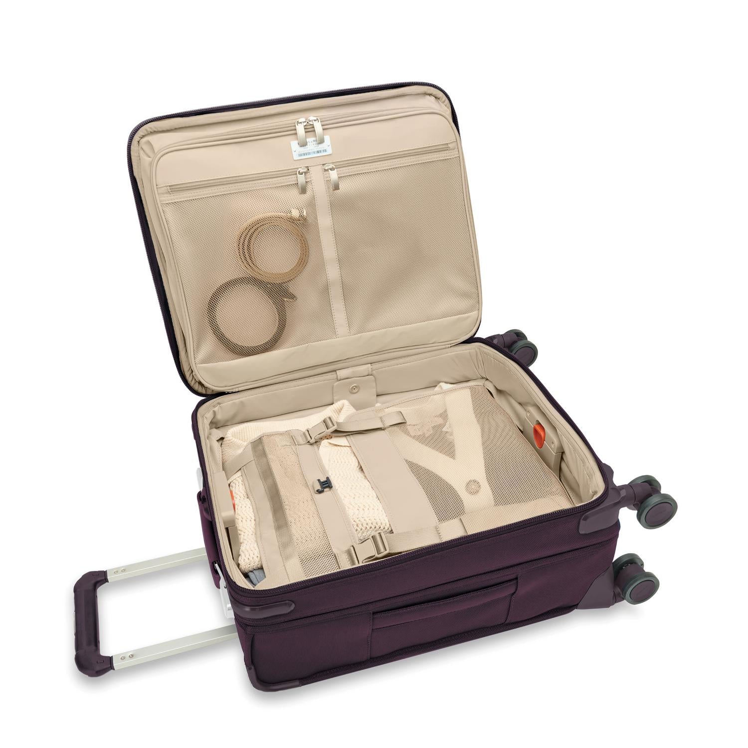 Baseline Carry-On Expandable Spinner Plum Open Packed  #color_plum
