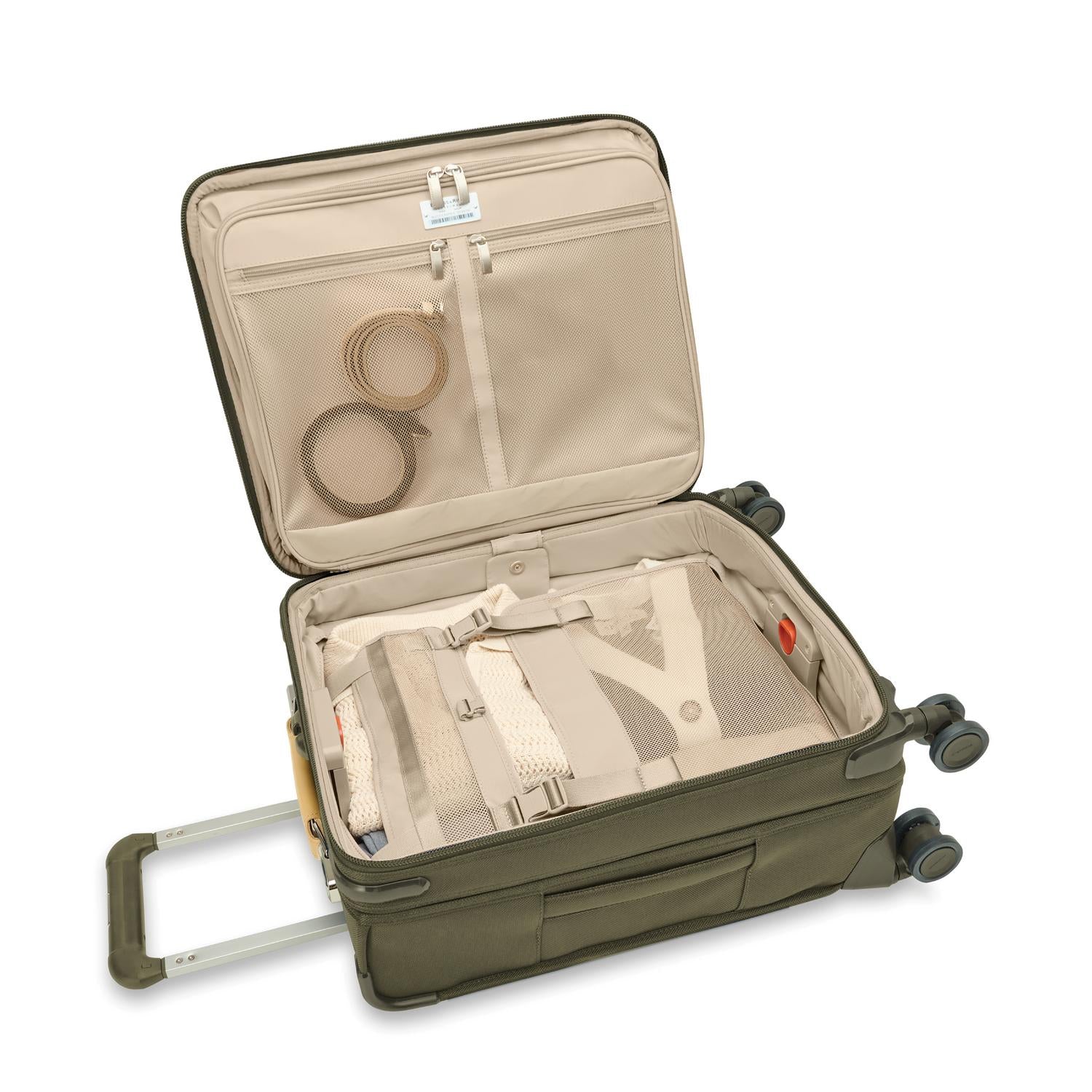 Briggs and Riley Global Carry-On Spinner Olive Open Packed #color_olive