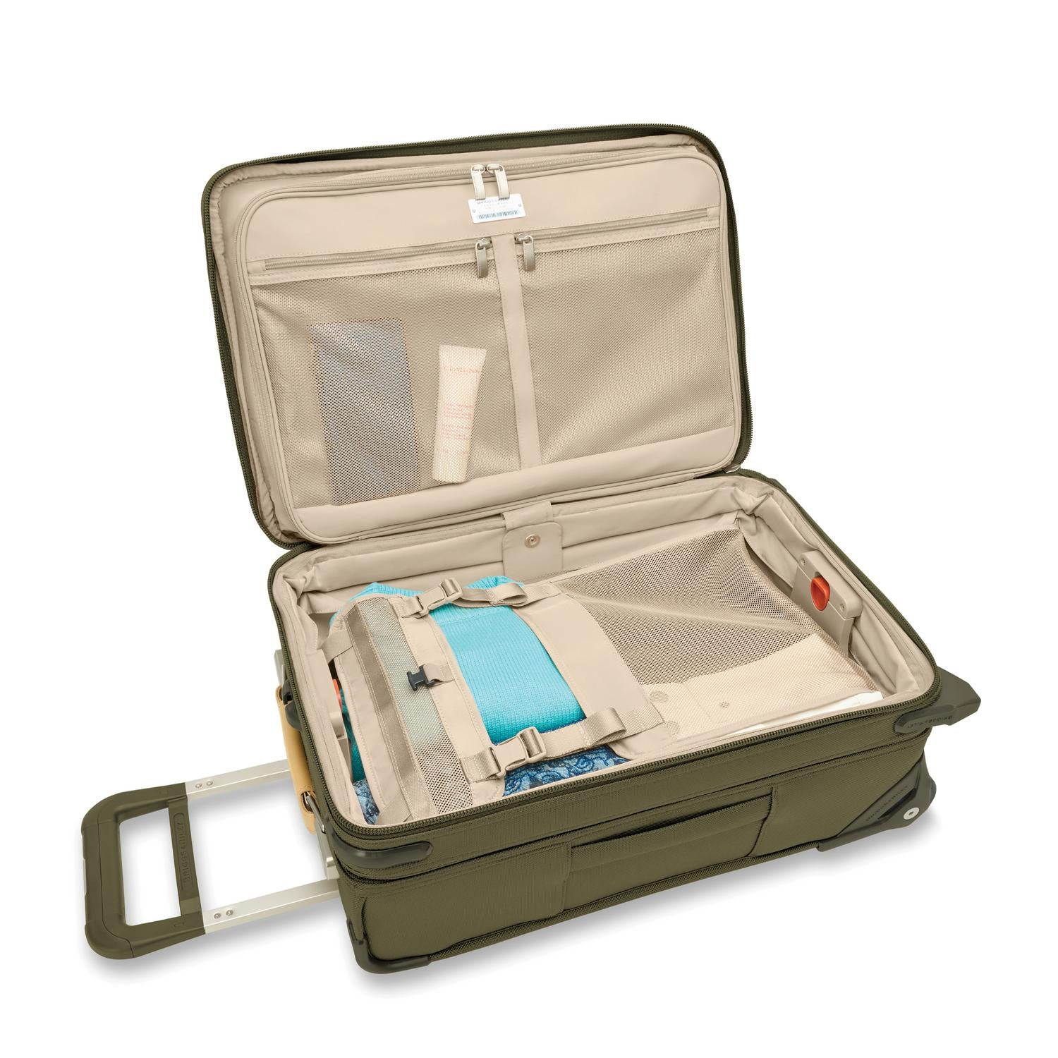 Briggs and Riley Essential 2-Wheel Carry-On Olive Open Packed #color_olive