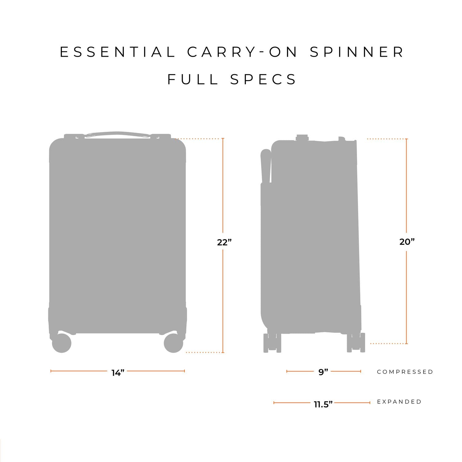 Briggs and Riley Essential Carry-On Spinner Full Specs 14"x22"x9" compressed or 11.5" expanded #color_navy