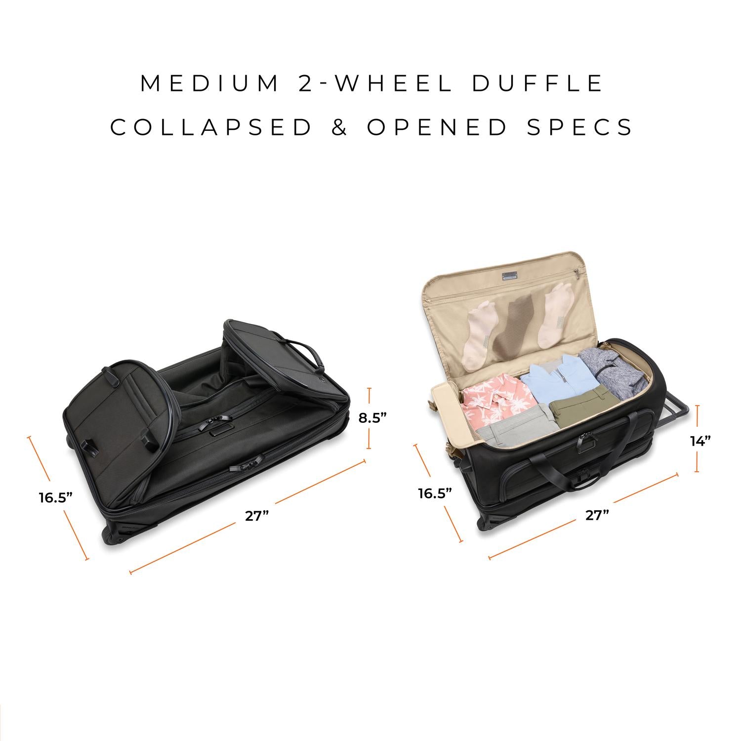 Briggs and Riley Medium Two-Wheel Duffle Collapsed & Open Specs, 16.5"x27"x8.5", 16.5"x27"x14" #color_black