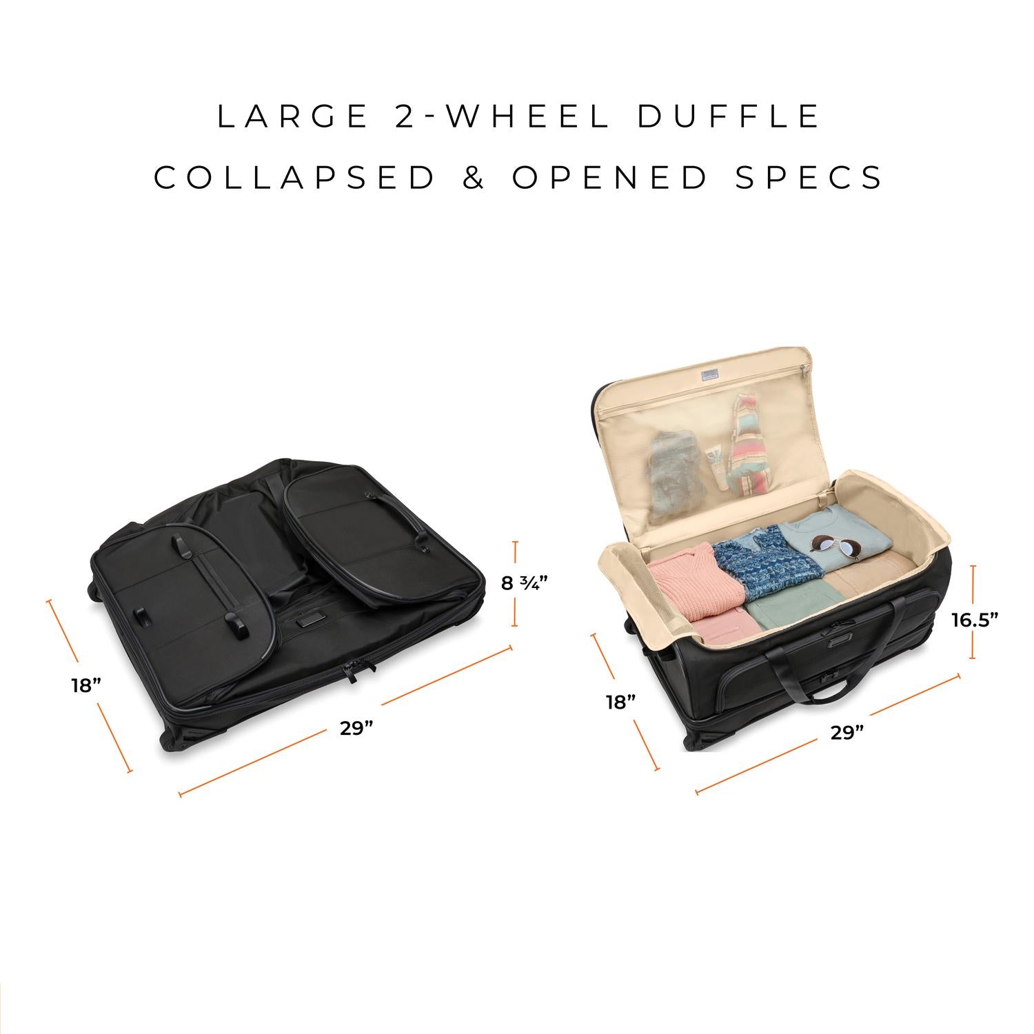 Briggs and Riley Large Two-Wheel Duffle Collapsed and Open Specs, 18"x29"x8 3/4", 18"x29"x16.5" #color_black