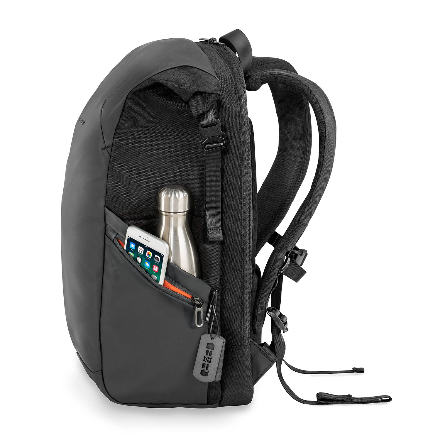 Briggs and Riley Large Roll-Top Backpack Side Pocket #color_black