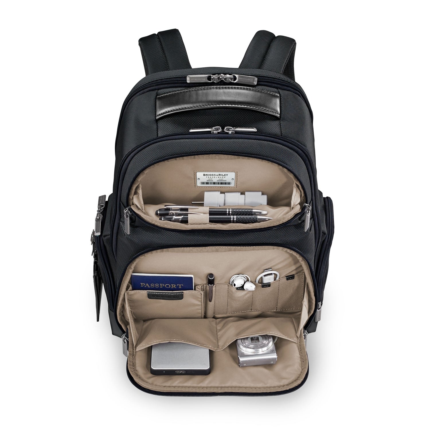 Briggs and Riley Medium Cargo Backpack Black Open front Pocket #color_black