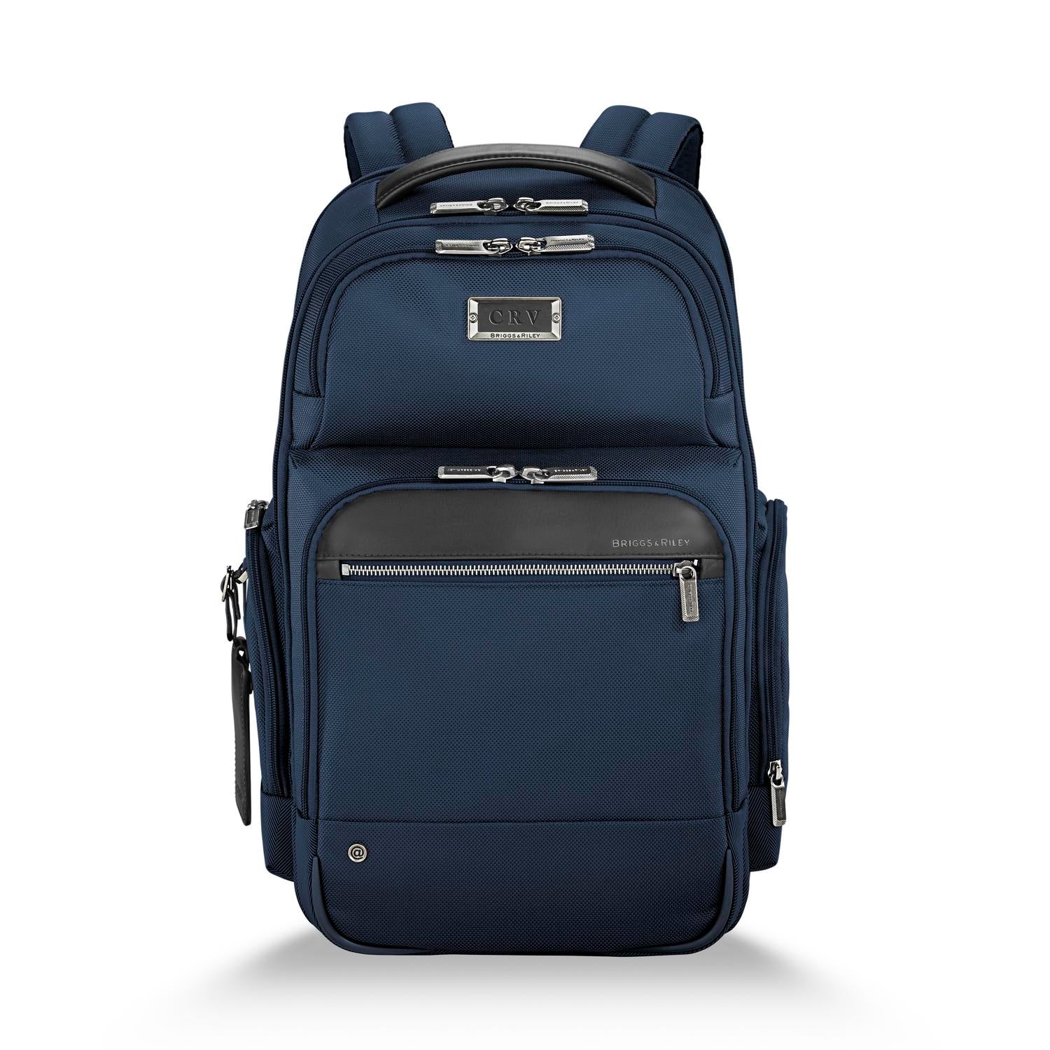 Briggs and Riley Medium Cargo Backpack Navy Front View with Monogram #color_navy