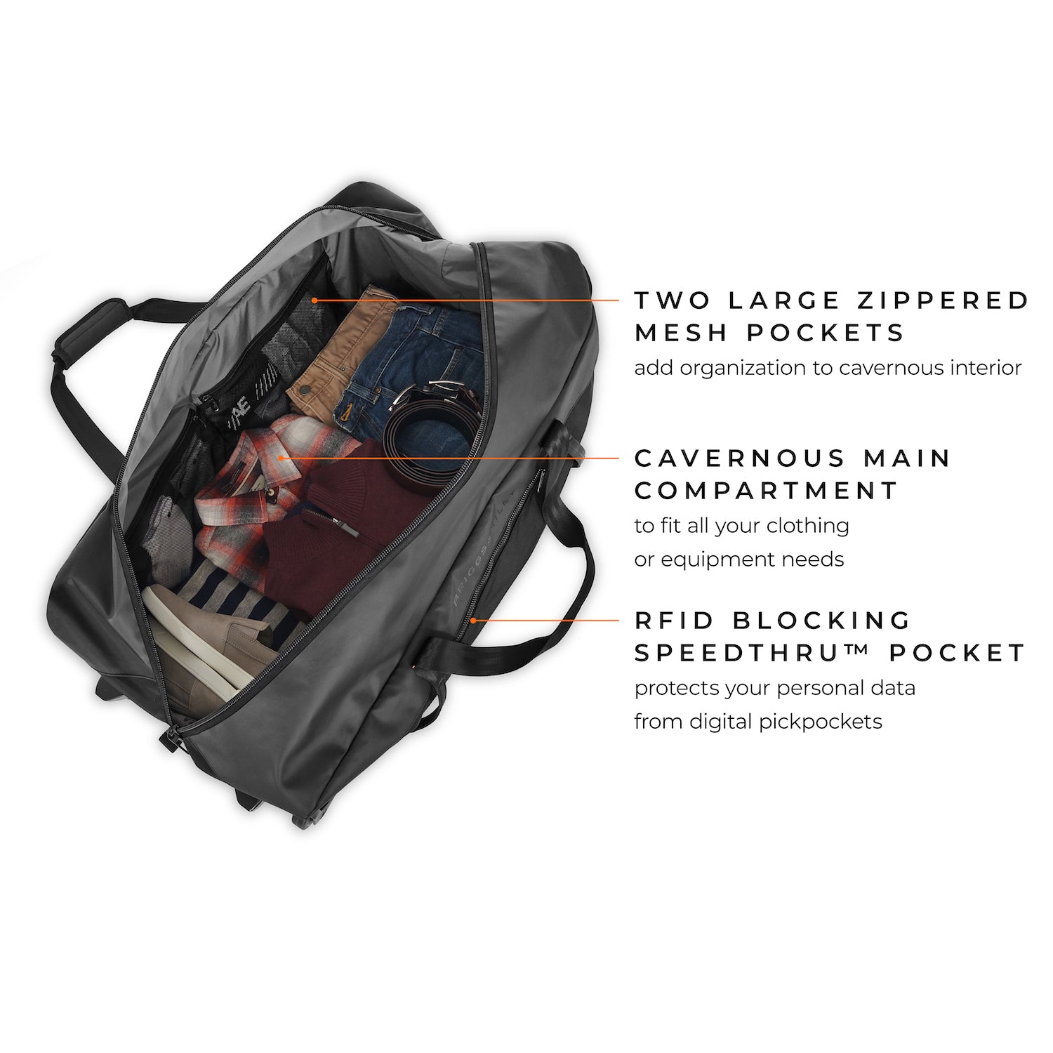 briggs & riley extra large rolling duffle two large zippered mesh pockets add organization to cavernous interior, canvernouse main compartment to fit all your clothing or equipment needs, rfid blocking speedthru pocket protects your personal data from digital pickpockets   #color_black