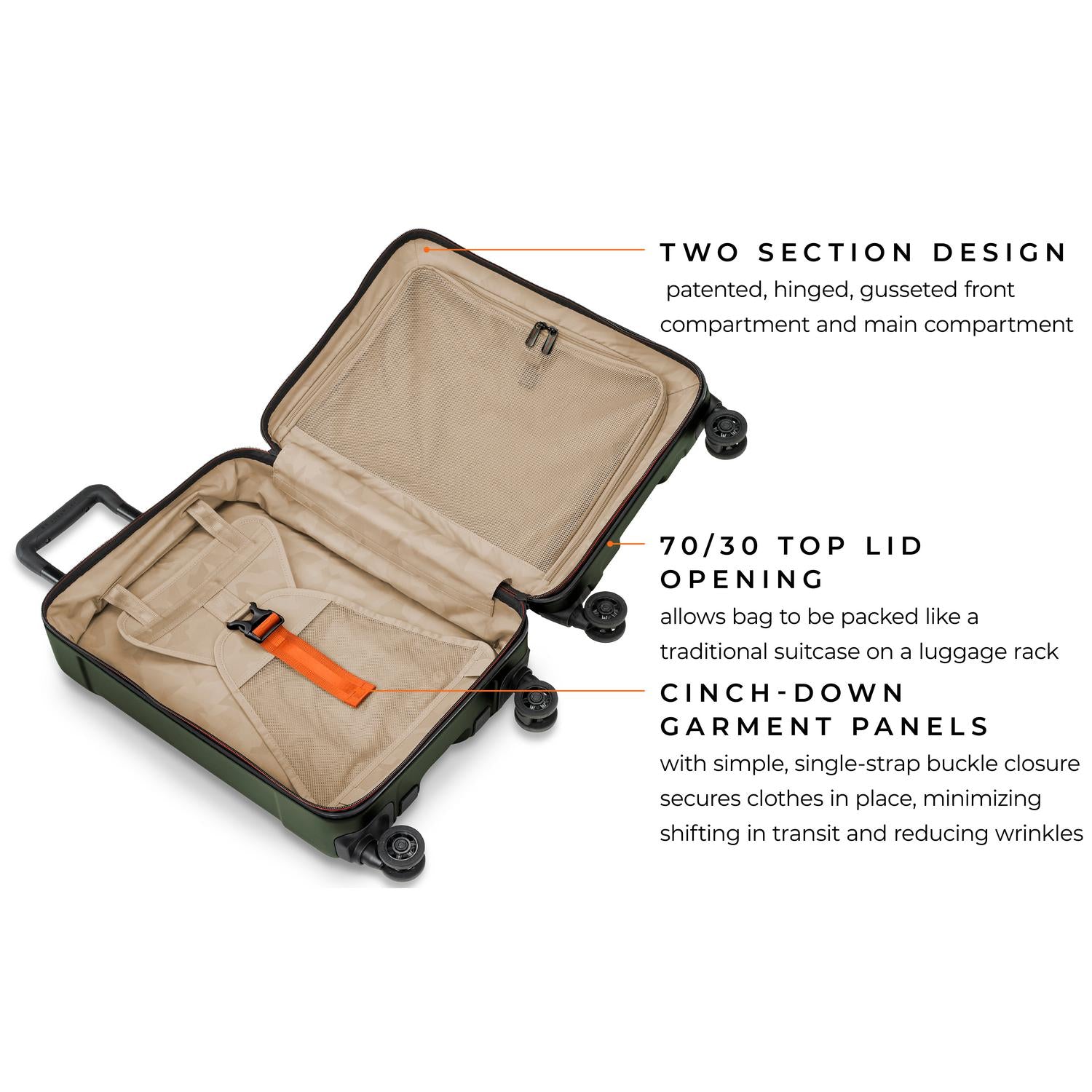 briggs & riley torq green international 21" carry-on spinner built-in mesh suiter with removable, adjustable foam roll bar neatly holds a suit or garment or 1-2 shirts and cinches them securely in place to prevent wrinkling; orange tabs indicate adjustable components, tilt-resistant wheel base for maximum stability, factal camouflage interior lining pattern treats items gently and is light-colored to make finding contents easy  #color_hunter