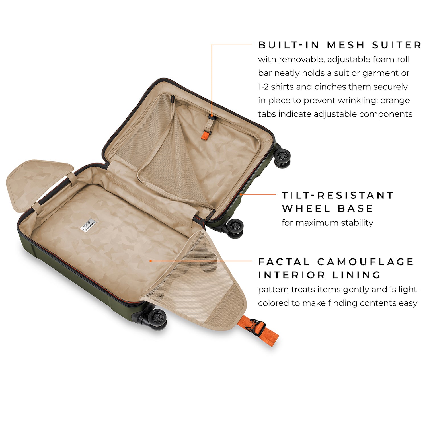 briggs & riley torq green international 21" carry-on spinner two section design patented, hinged, gusseted, front compartment and main compartment, 70/30 top lid opening allows bag to be packed like a traditional suitcase on a luggage rack, cinch-down garment panels with simple, single-strap buckle closure secures clothes in place, minimizing shifting in transit and reducing wrinkes #color_hunter