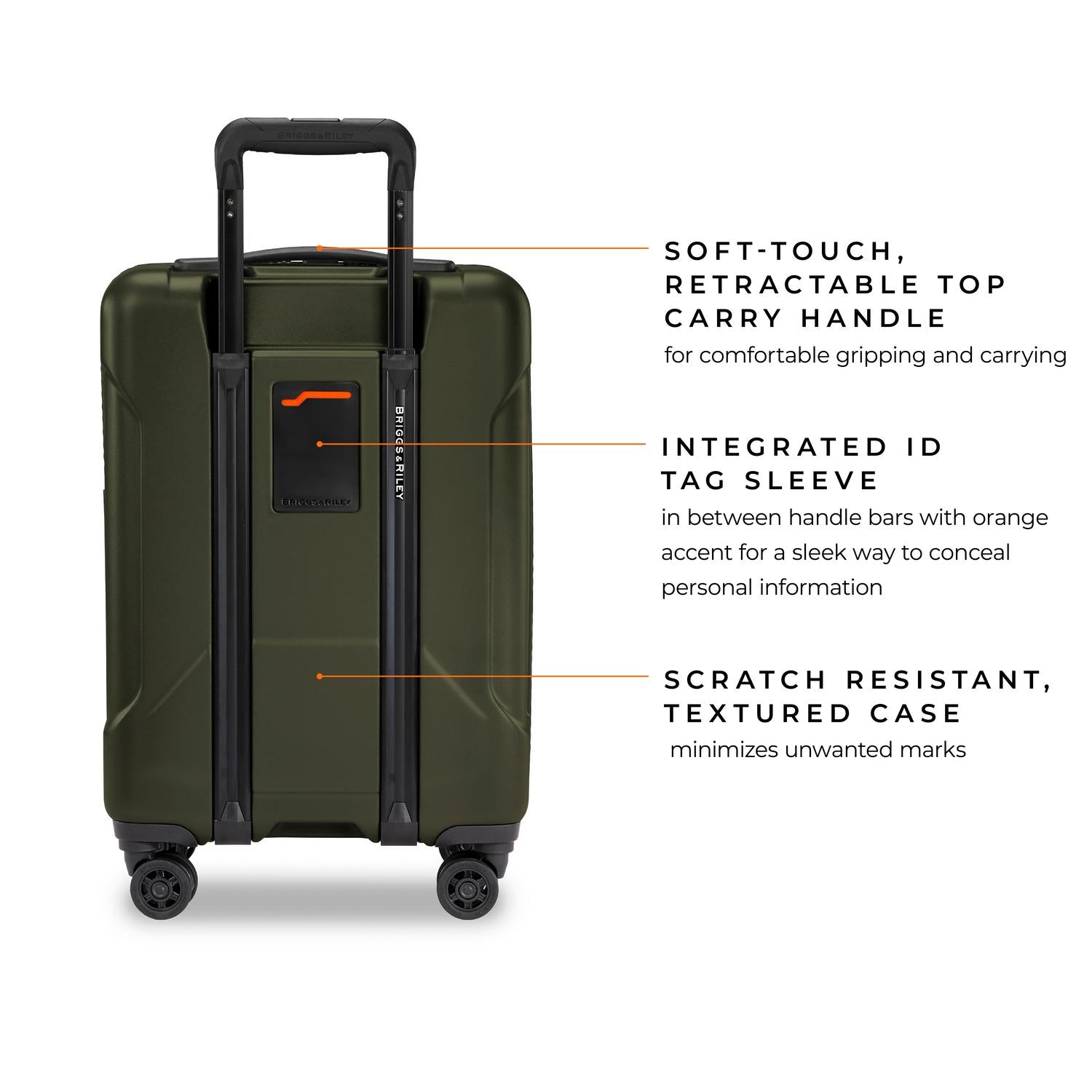 briggs & riley torq green international 21" carry-on spinner soft-touch retractable top carry handle for comfortable gripping and carrying, integrated id tag sleeve in between handle bars with orange accent for a sleek way to conceal personal information, scratch resistant textured case minimizes unwanted marks #color_hunter